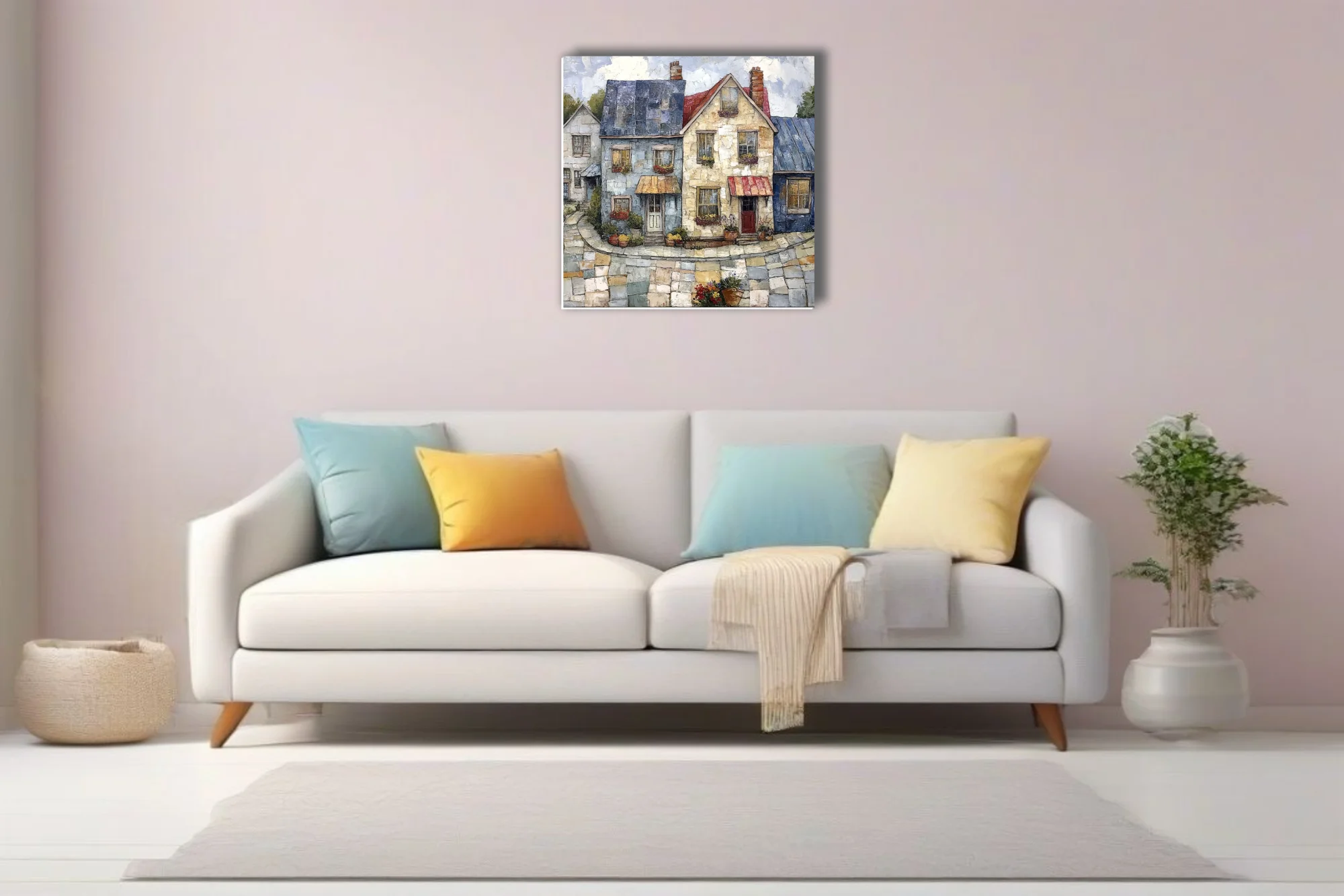 Folk-art village streetscape with stone cottages, flower boxes, cobblestone street, warm palette