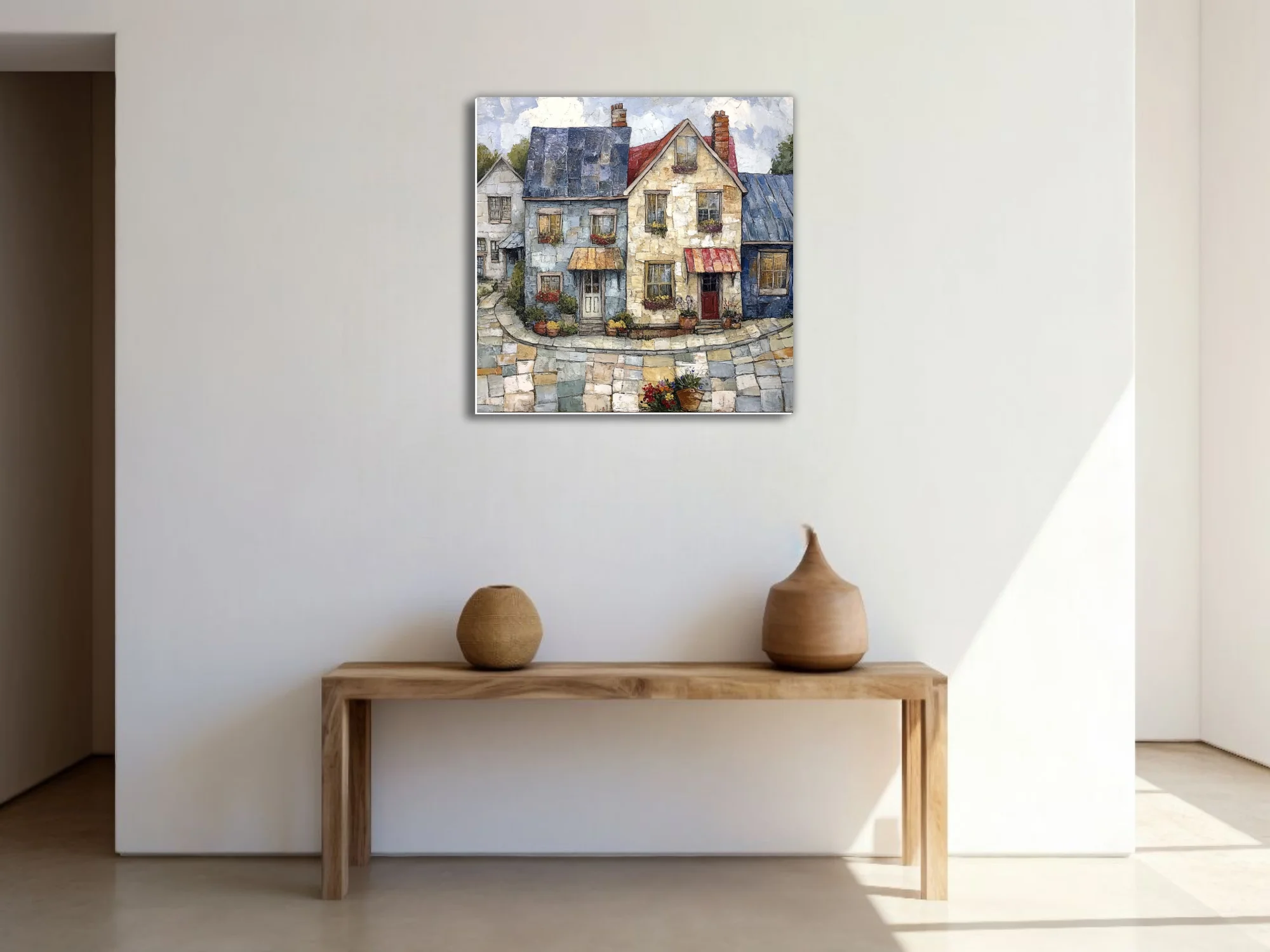 Folk-art village streetscape with stone cottages, flower boxes, cobblestone street, warm palette