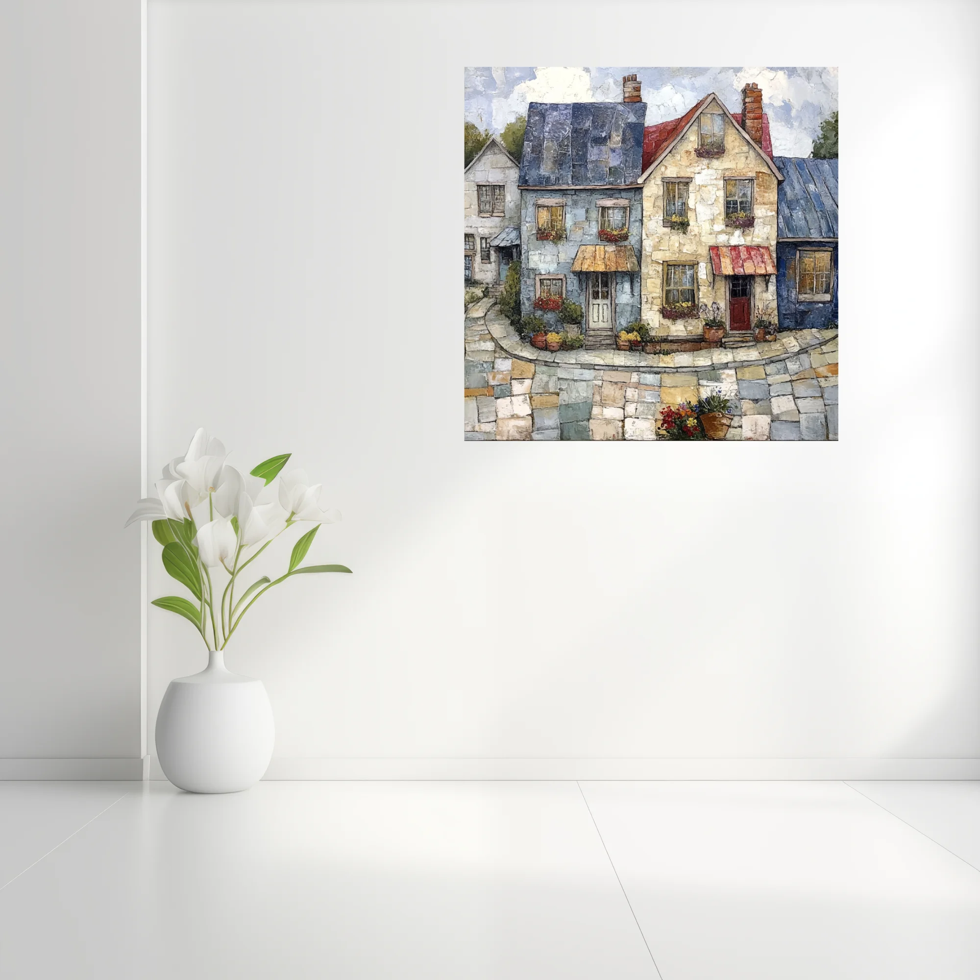 Folk-art village streetscape with stone cottages, flower boxes, cobblestone street, warm palette