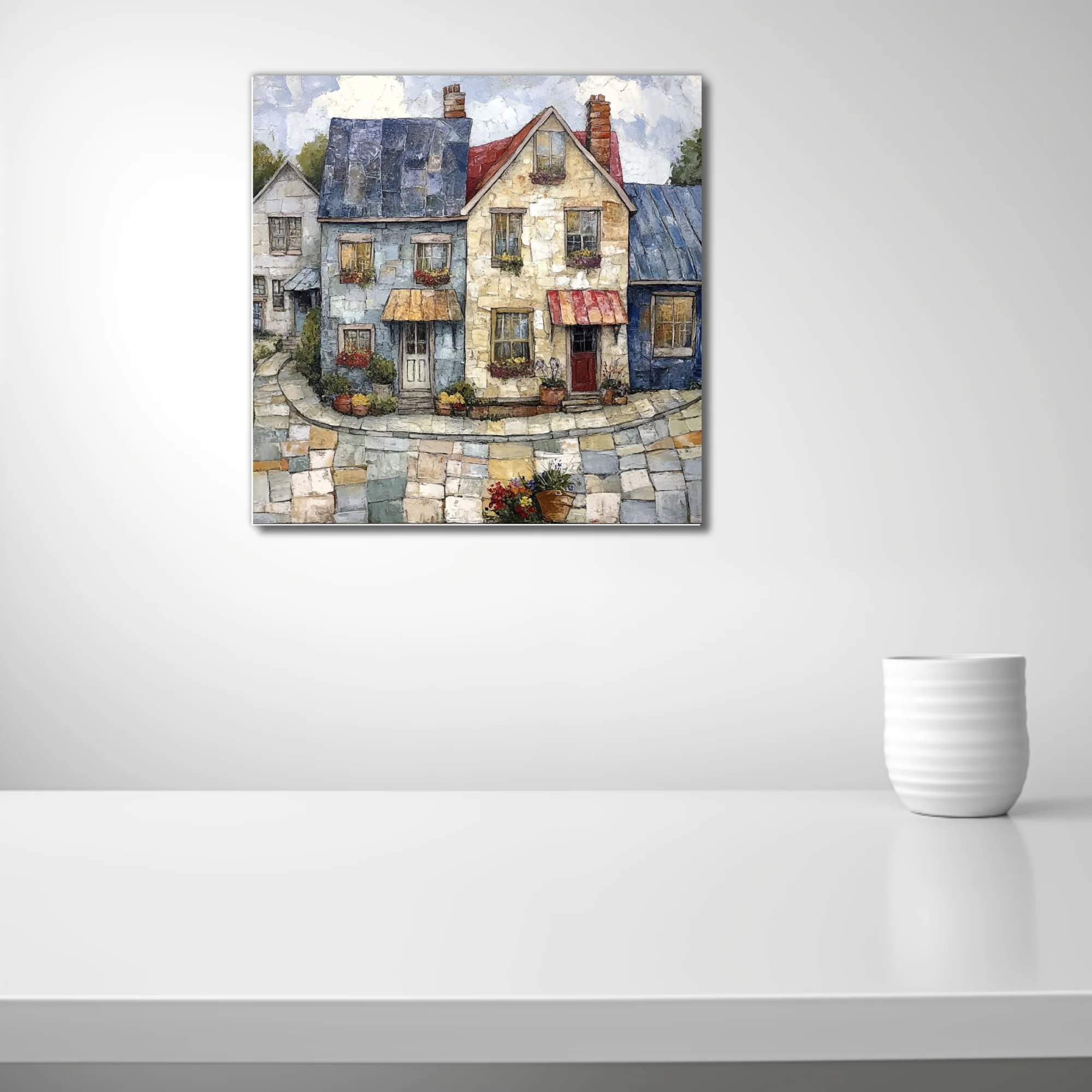 Folk-art village streetscape with stone cottages, flower boxes, cobblestone street, warm palette