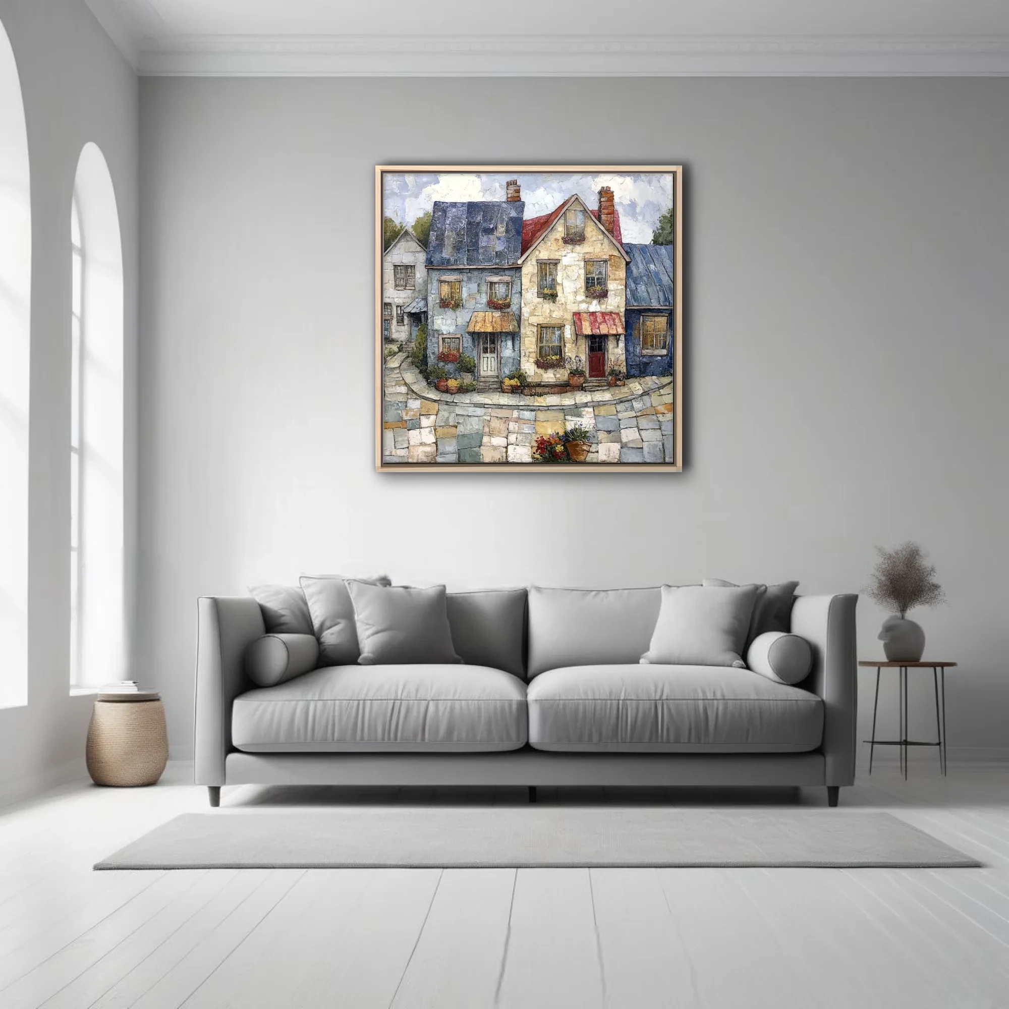 Folk-art village streetscape with stone cottages, flower boxes, cobblestone street, warm palette
