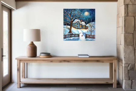 Folk-art winter cottage scene, cobalt blue night sky, snow, glowing windows