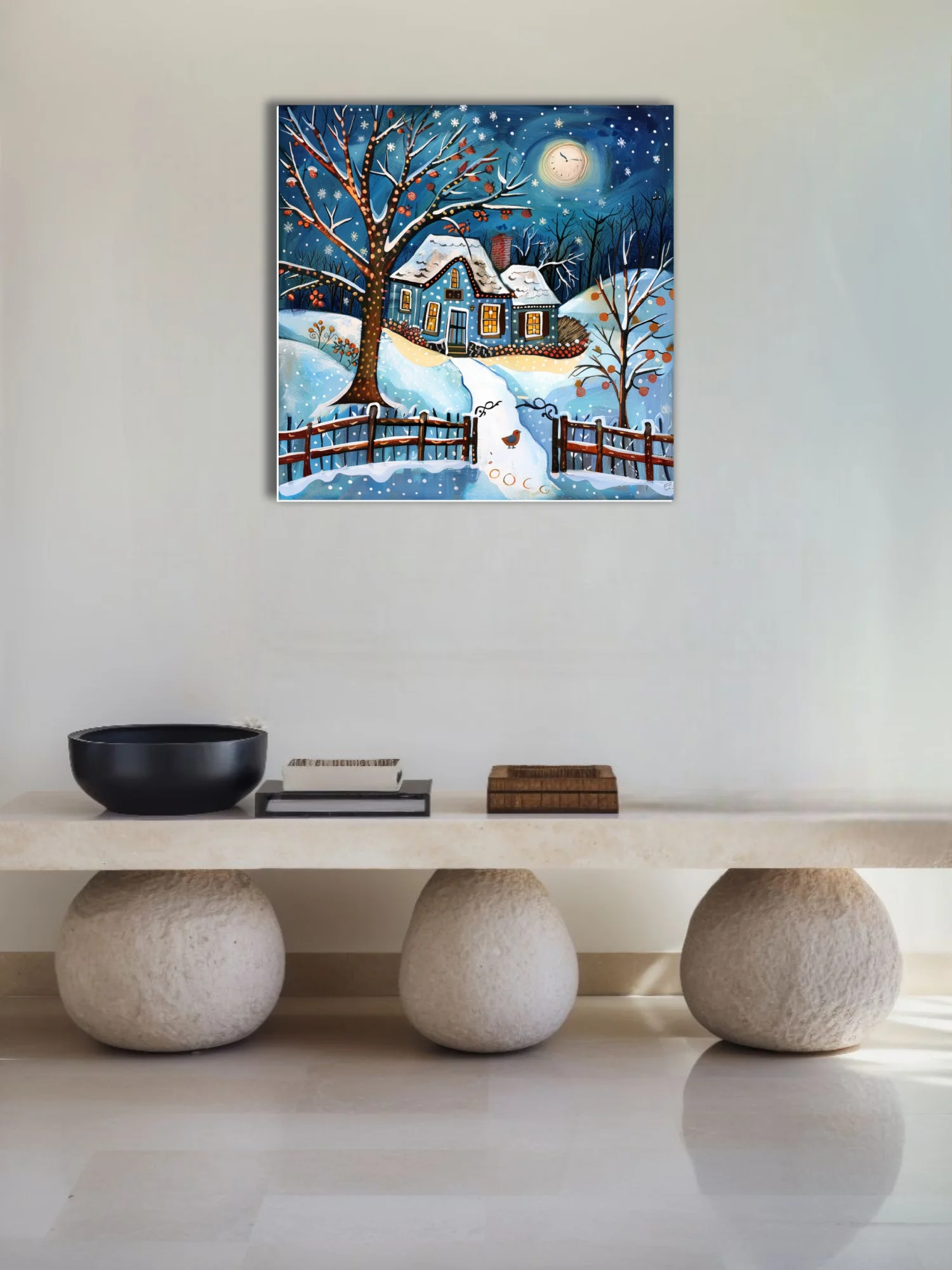 Folk-art winter cottage scene, cobalt blue night sky, snow, glowing windows