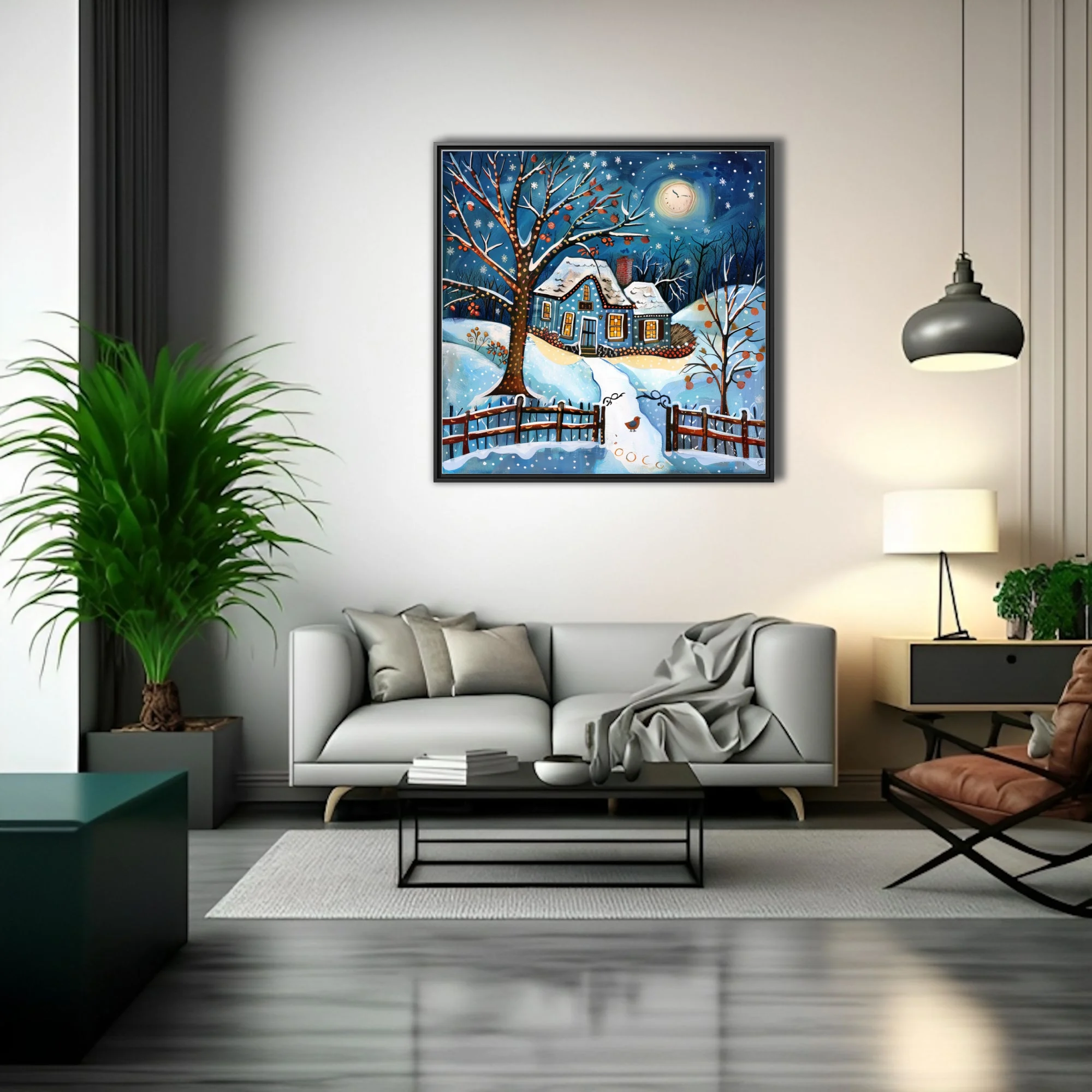 Folk-art winter cottage scene, cobalt blue night sky, snow, glowing windows
