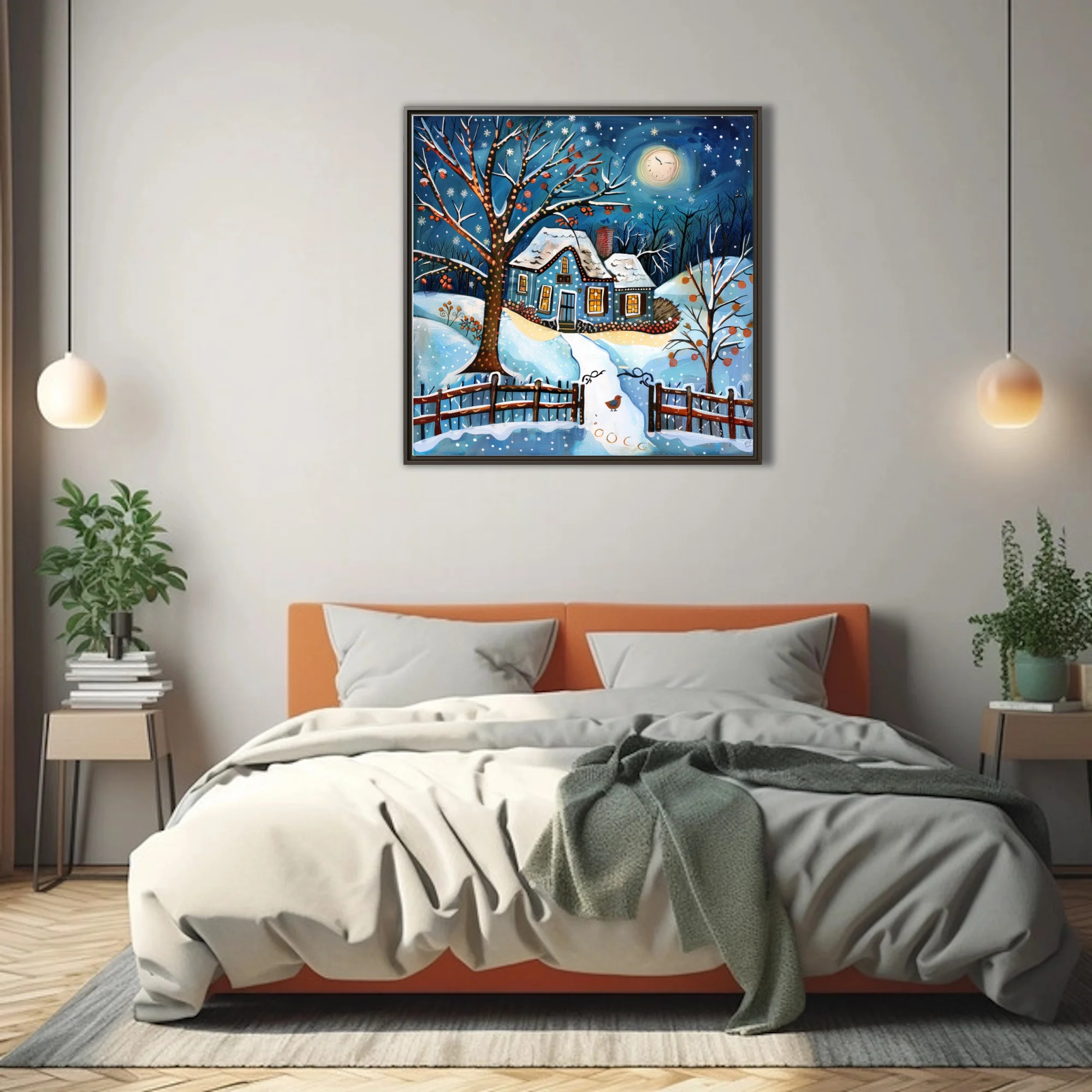 Folk-art winter cottage scene, cobalt blue night sky, snow, glowing windows