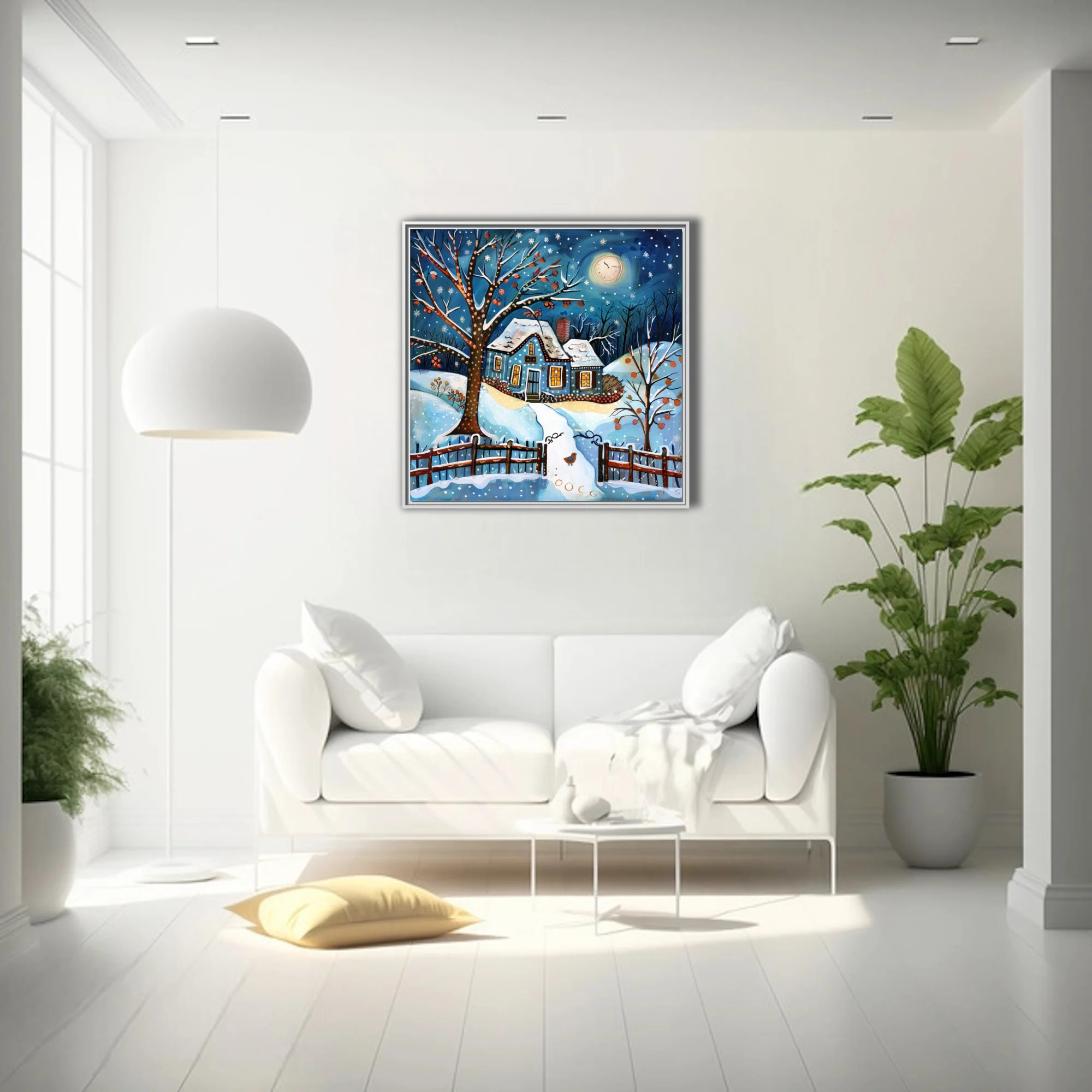 Folk-art winter cottage scene, cobalt blue night sky, snow, glowing windows