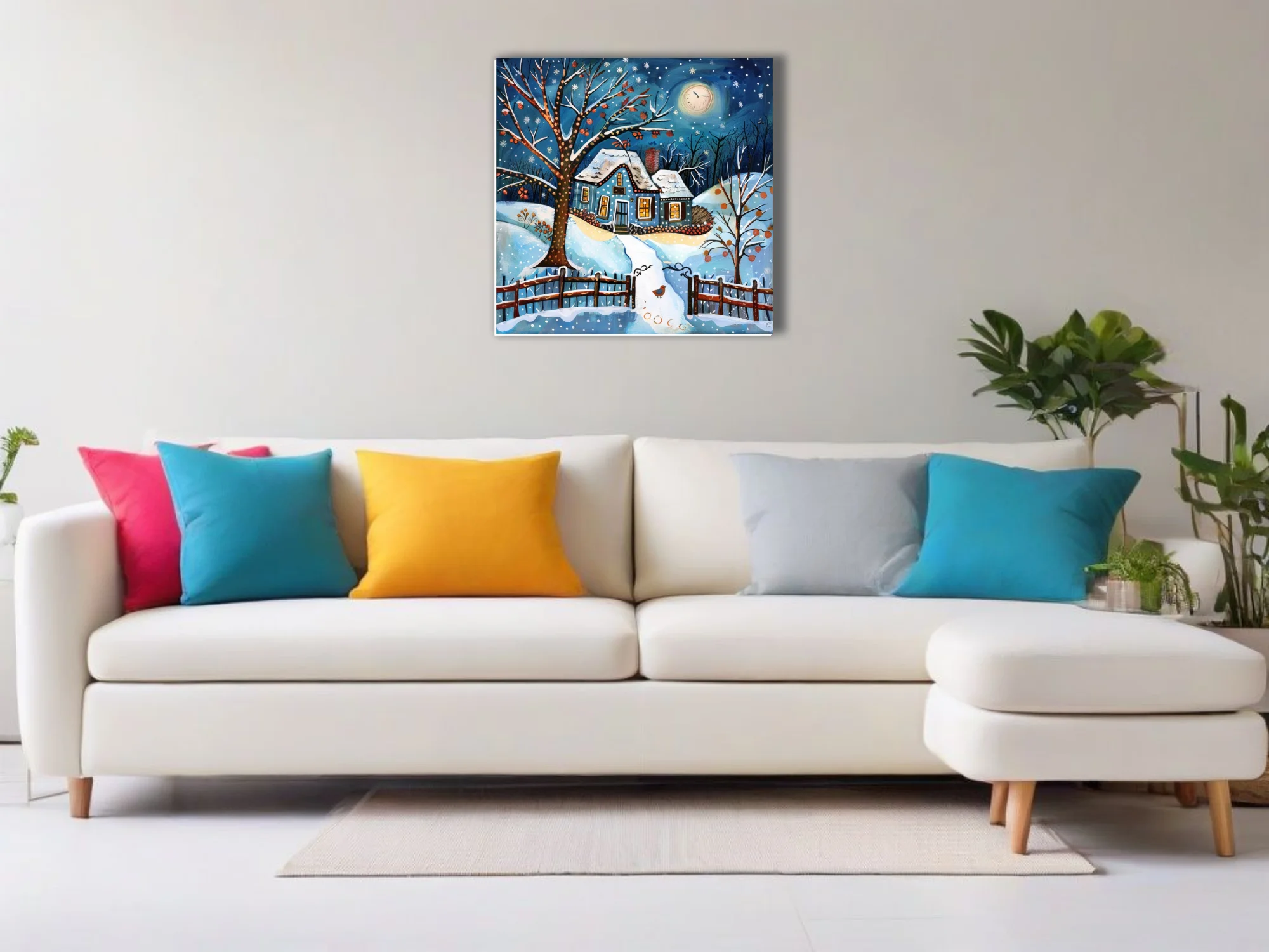 Folk-art winter cottage scene, cobalt blue night sky, snow, glowing windows