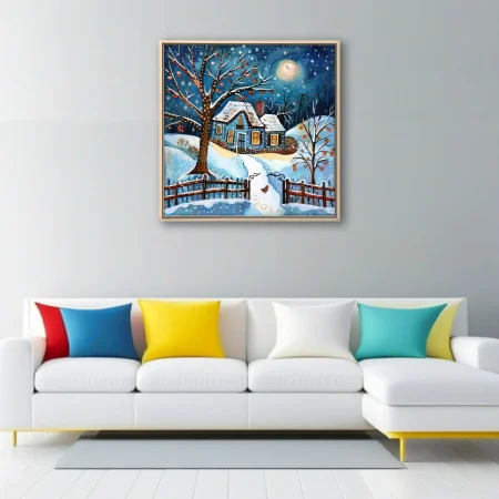 Folk-art winter cottage scene, cobalt blue night sky, snow, glowing windows