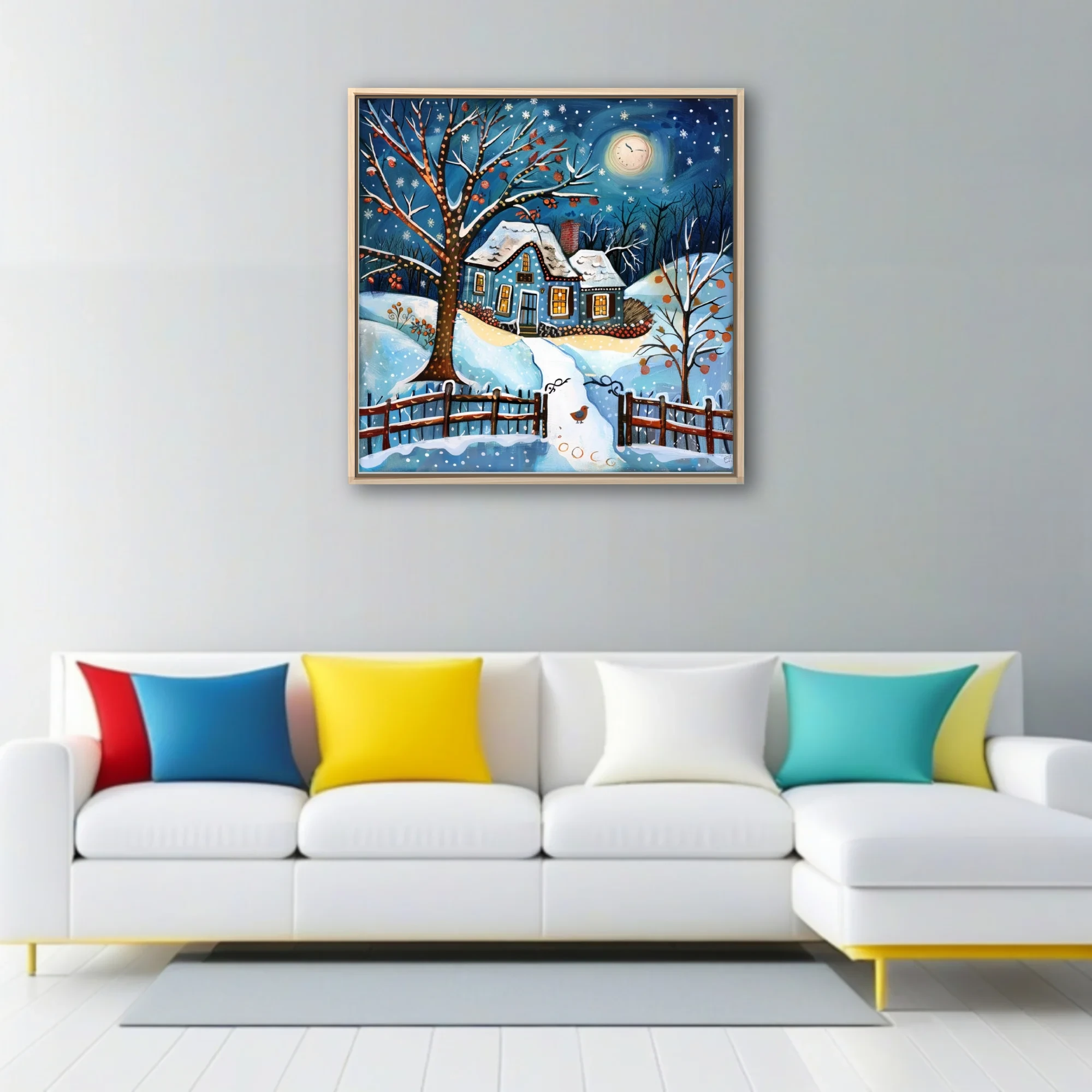 Folk-art winter cottage scene, cobalt blue night sky, snow, glowing windows