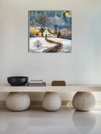 Folk collage winter-autumn farmhouse landscape, blue-grey and amber tones, layered texture