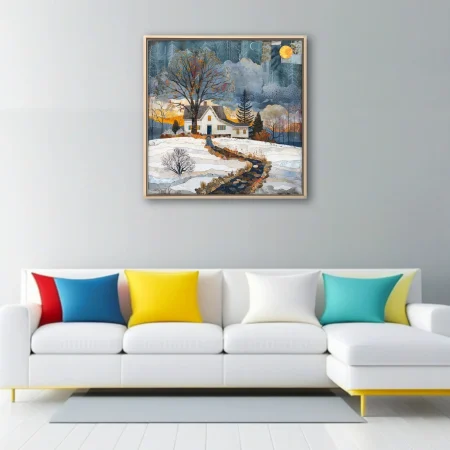 Folk collage winter-autumn farmhouse landscape, blue-grey and amber tones, layered texture