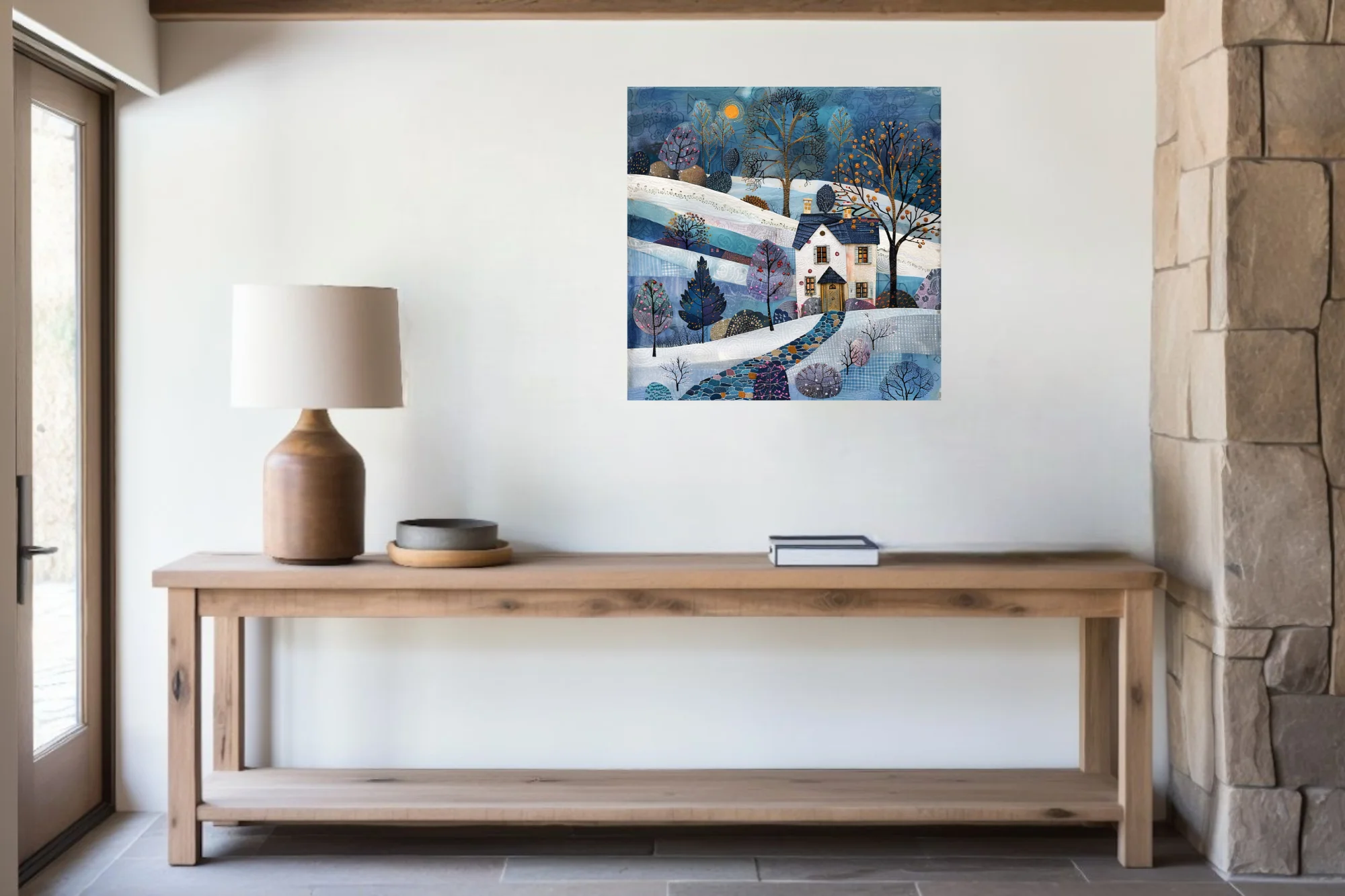 Folk-art winter landscape collage, blue and white snowy scene with cottage and decorative trees