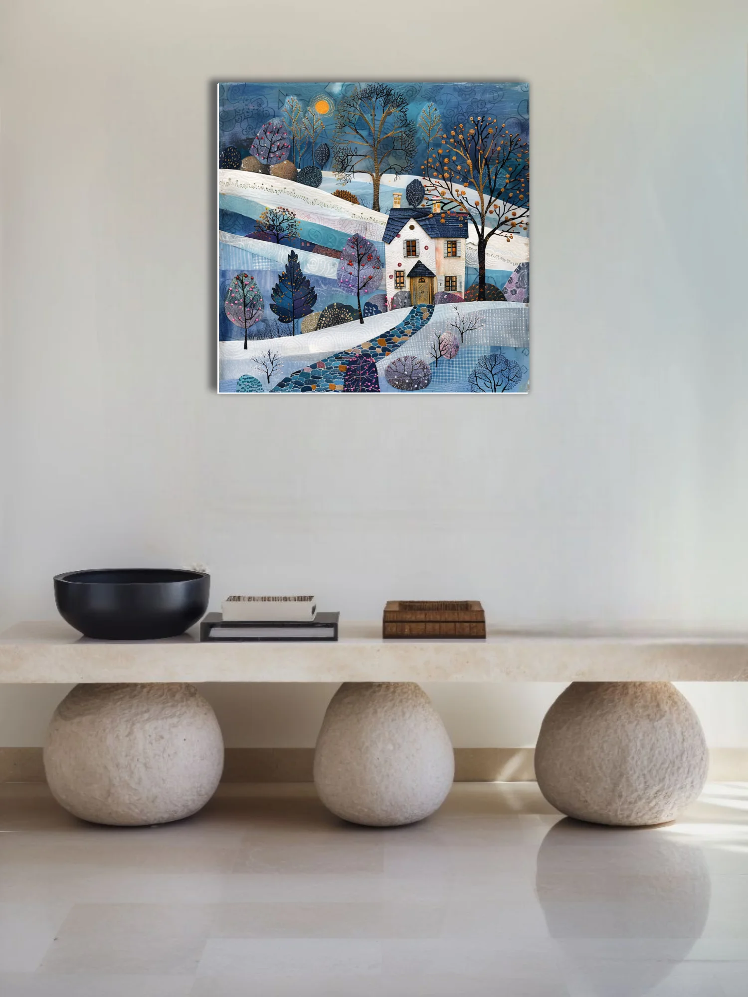 Folk-art winter landscape collage, blue and white snowy scene with cottage and decorative trees