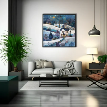 Folk-art winter landscape collage, blue and white snowy scene with cottage and decorative trees