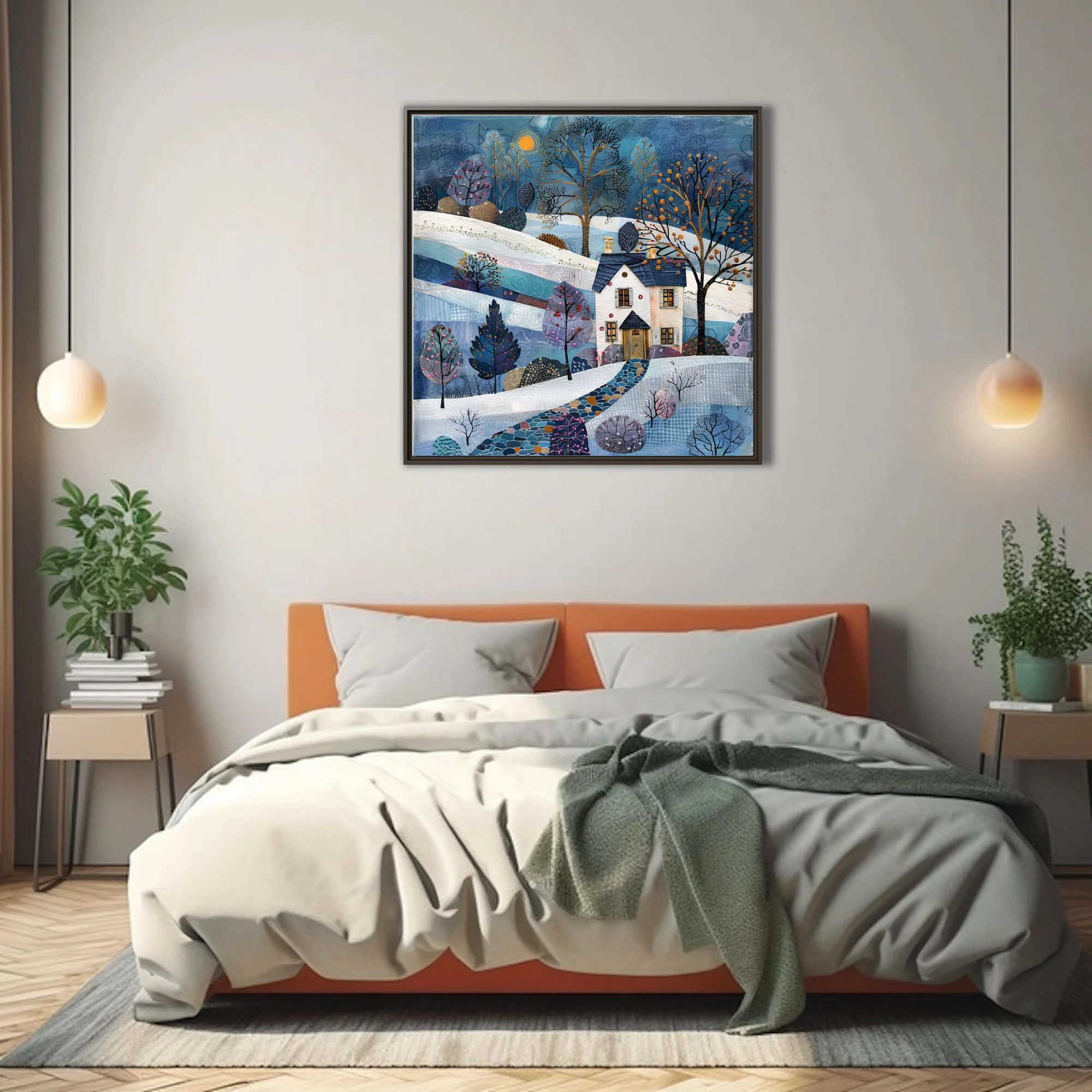 Folk-art winter landscape collage, blue and white snowy scene with cottage and decorative trees