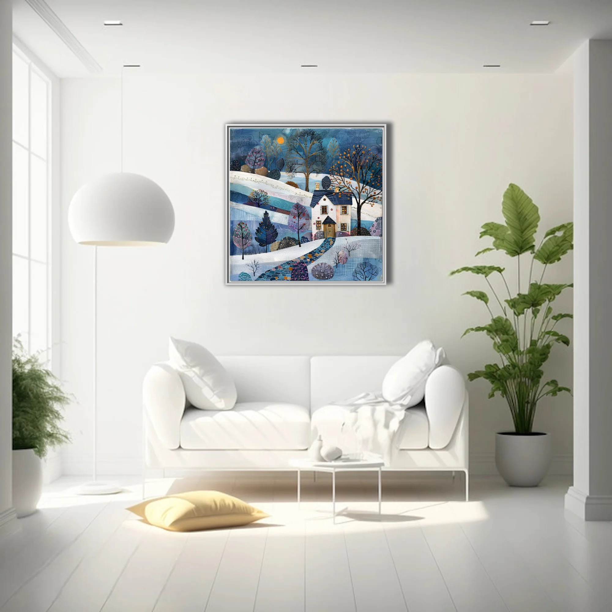 Folk-art winter landscape collage, blue and white snowy scene with cottage and decorative trees