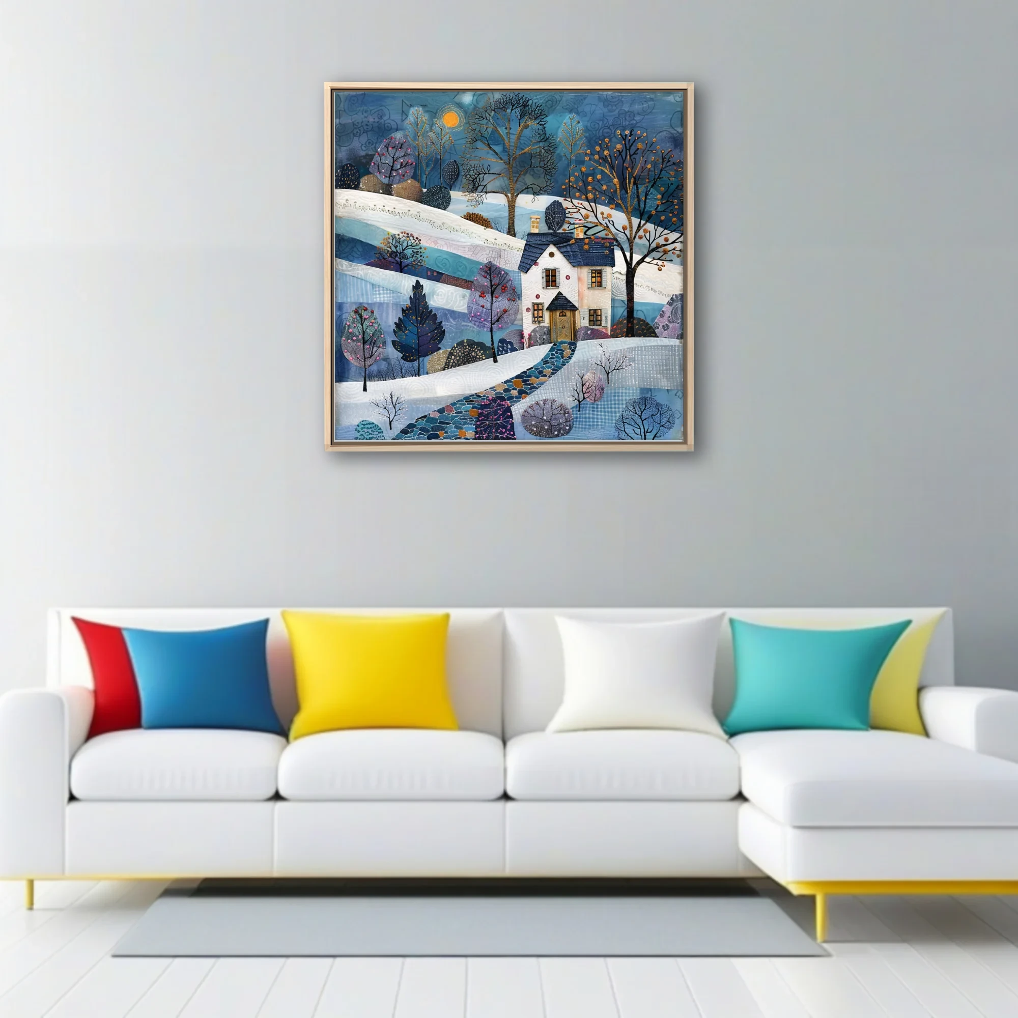 Folk-art winter landscape collage, blue and white snowy scene with cottage and decorative trees