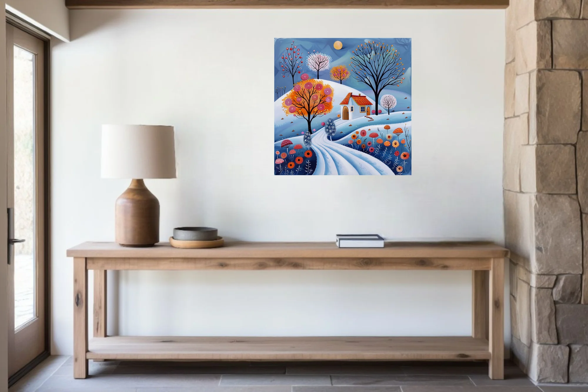 Folk-art winter landscape with snowy hills, colorful trees, cottage, and vibrant florals