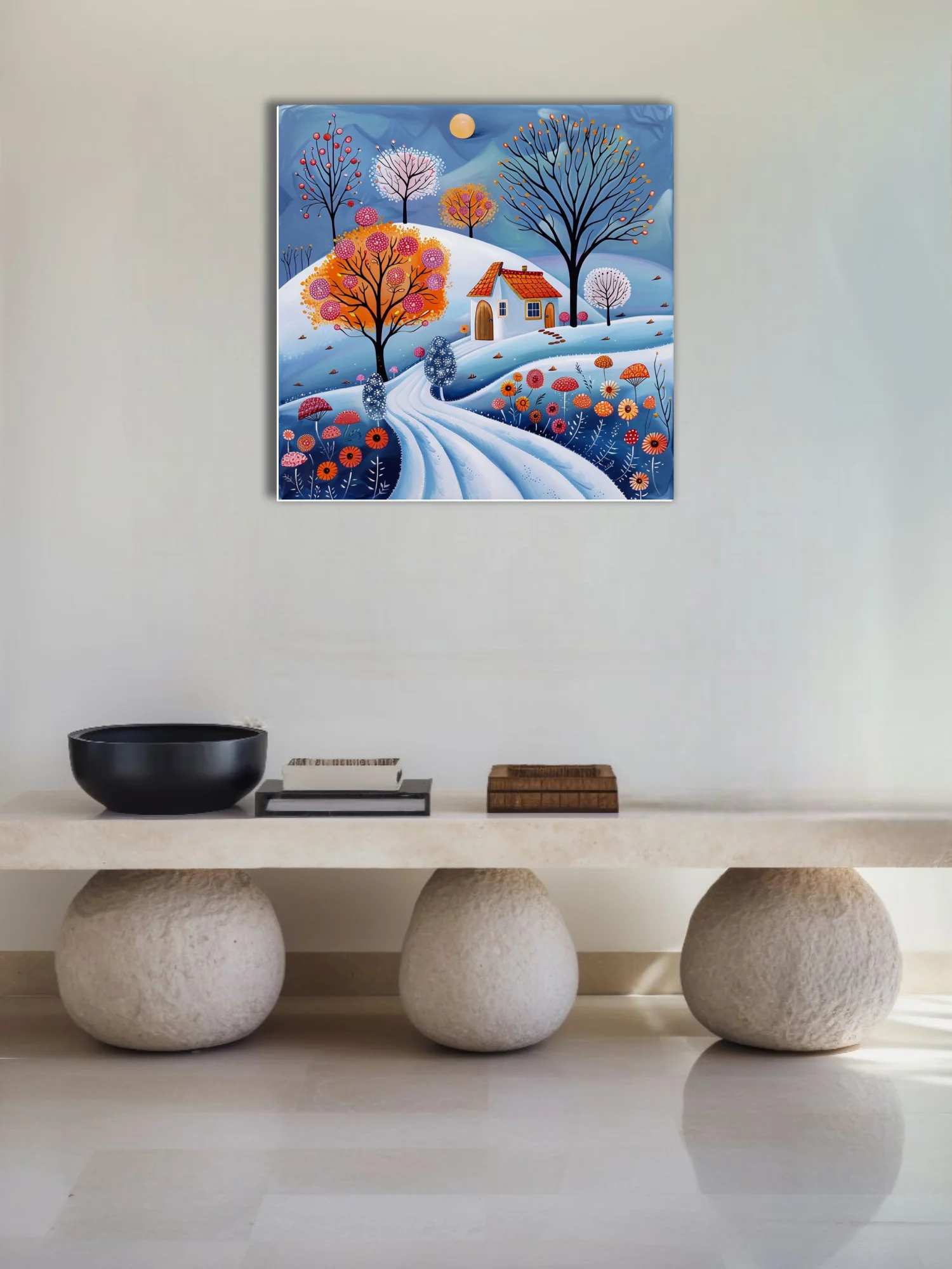 Folk-art winter landscape with snowy hills, colorful trees, cottage, and vibrant florals