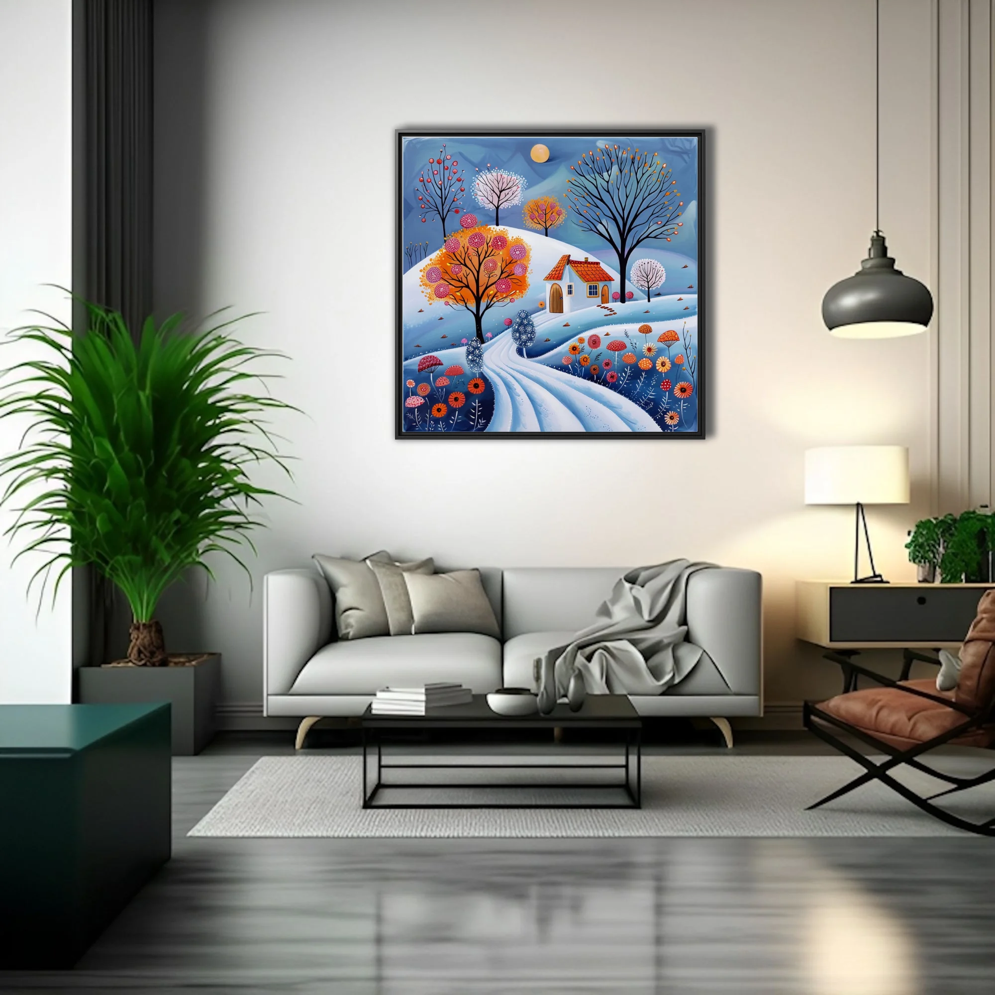 Folk-art winter landscape with snowy hills, colorful trees, cottage, and vibrant florals
