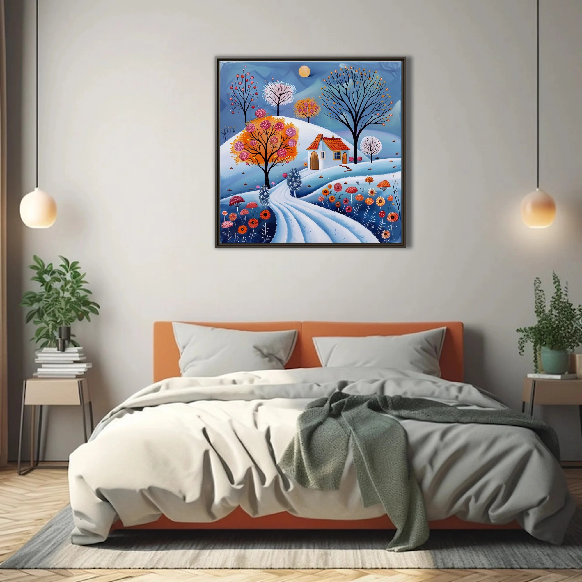 Folk-art winter landscape with snowy hills, colorful trees, cottage, and vibrant florals