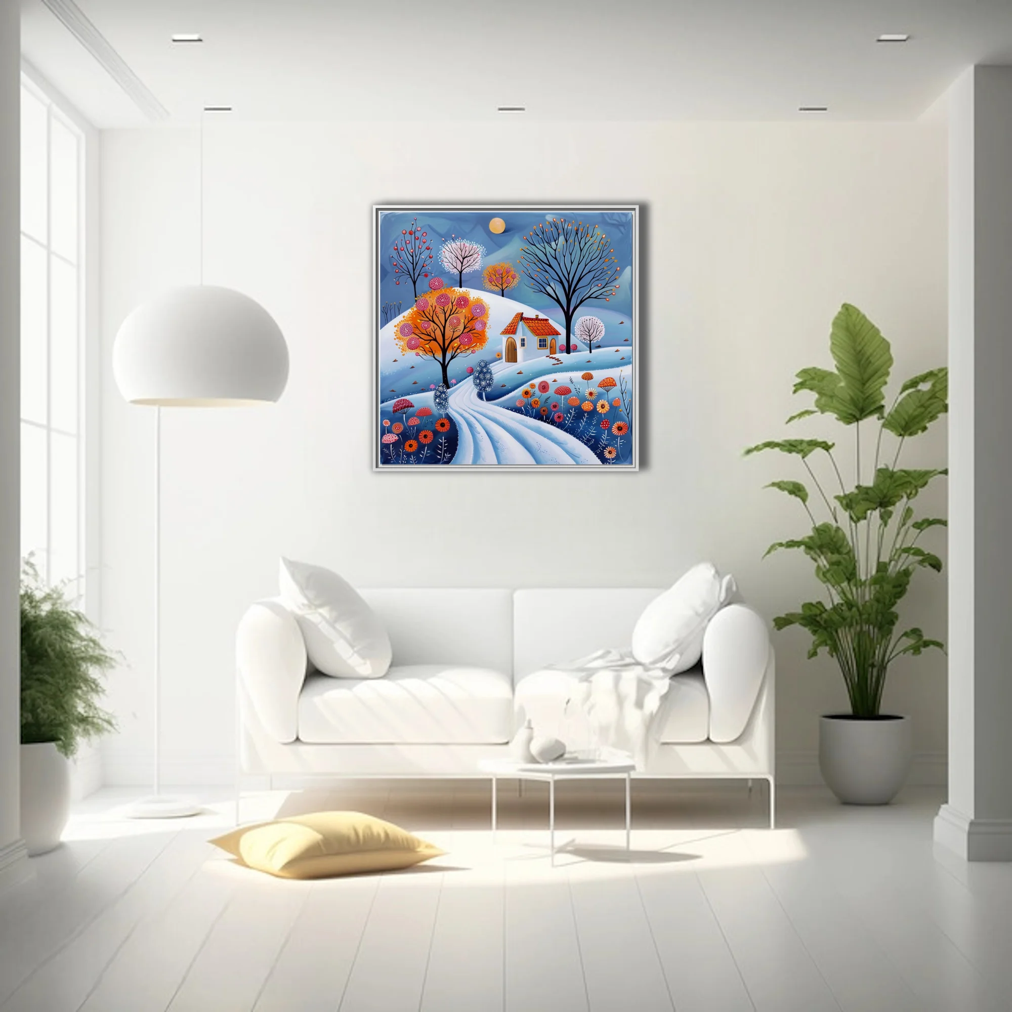 Folk-art winter landscape with snowy hills, colorful trees, cottage, and vibrant florals