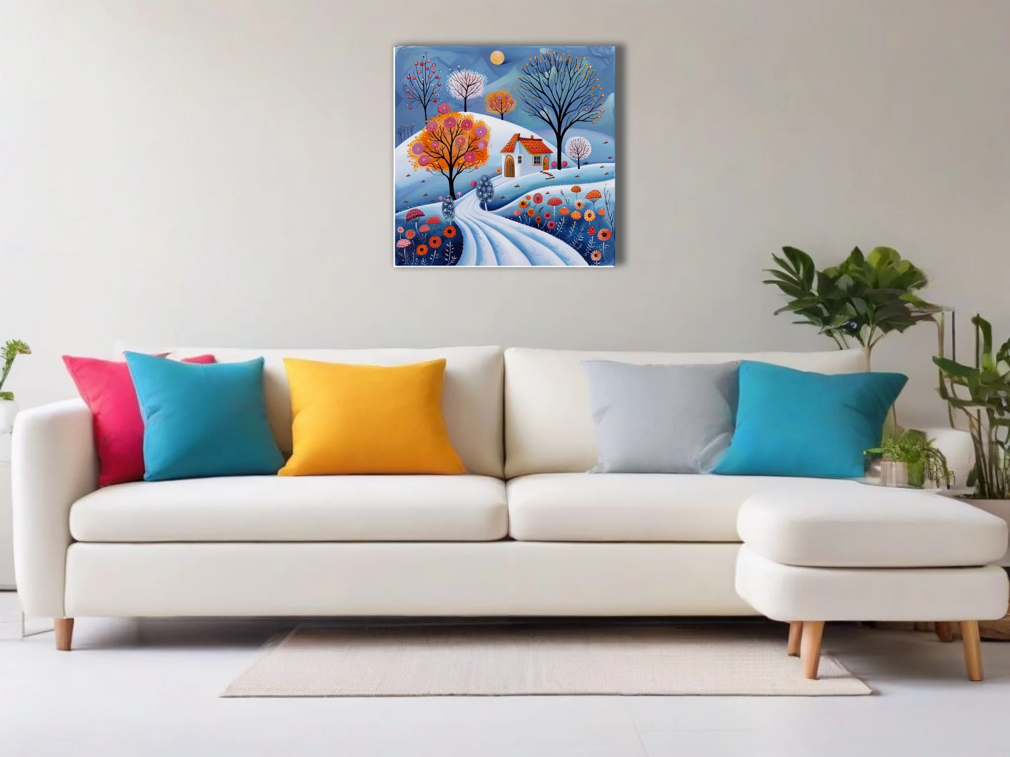 Folk-art winter landscape with snowy hills, colorful trees, cottage, and vibrant florals