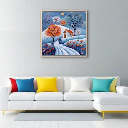 Folk-art winter landscape with snowy hills, colorful trees, cottage, and vibrant florals