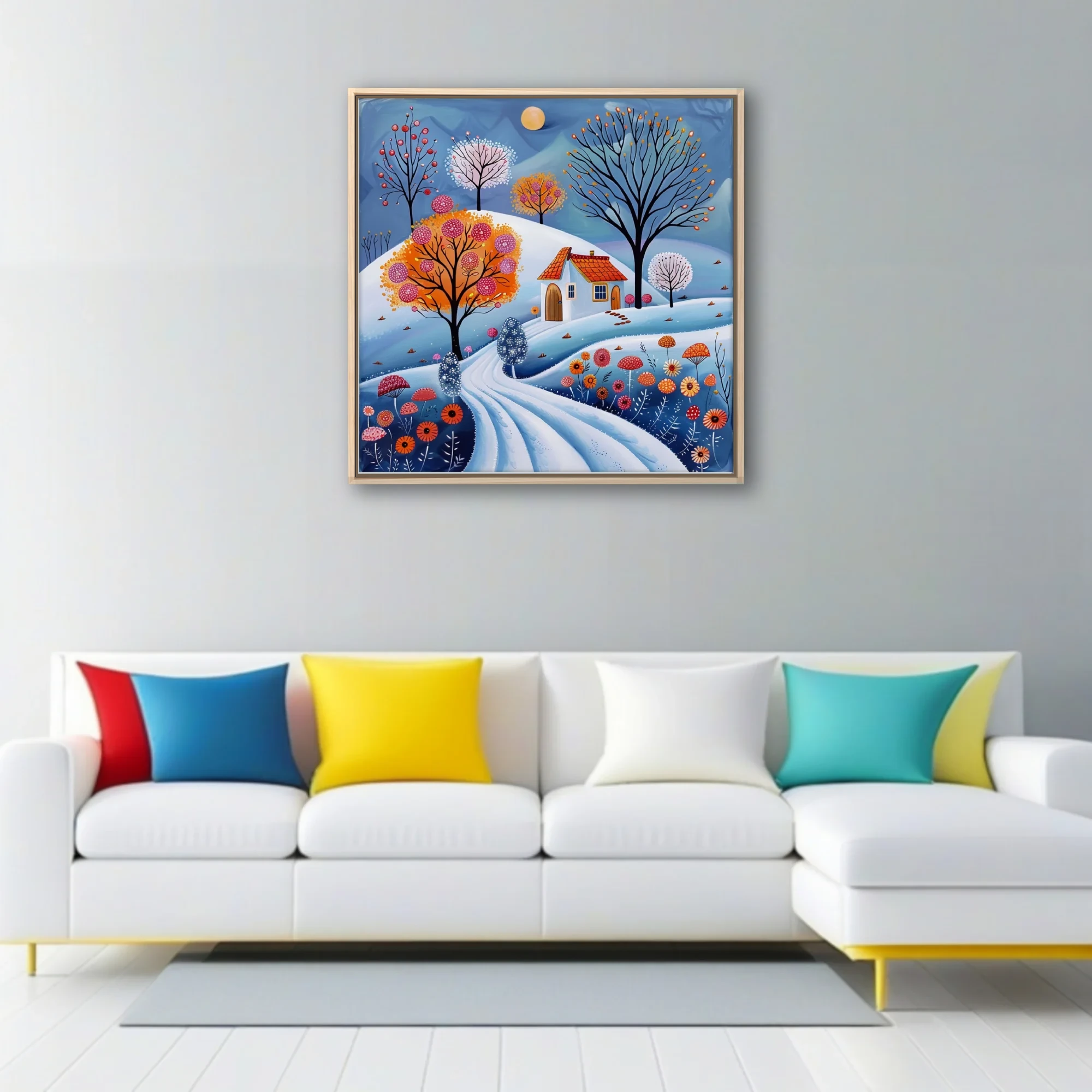Folk-art winter landscape with snowy hills, colorful trees, cottage, and vibrant florals