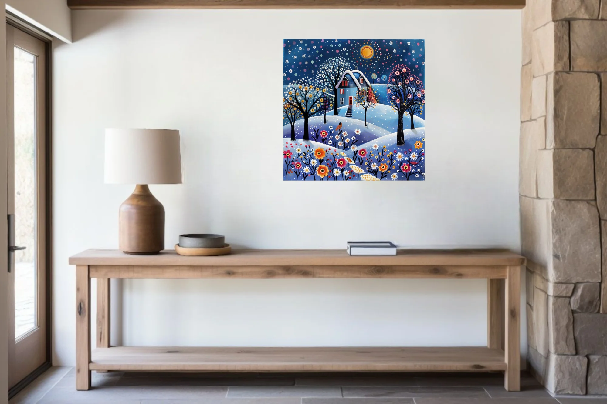 Folk-art winter cottage scene with snowy landscape, jewel-toned florals and starlit sky