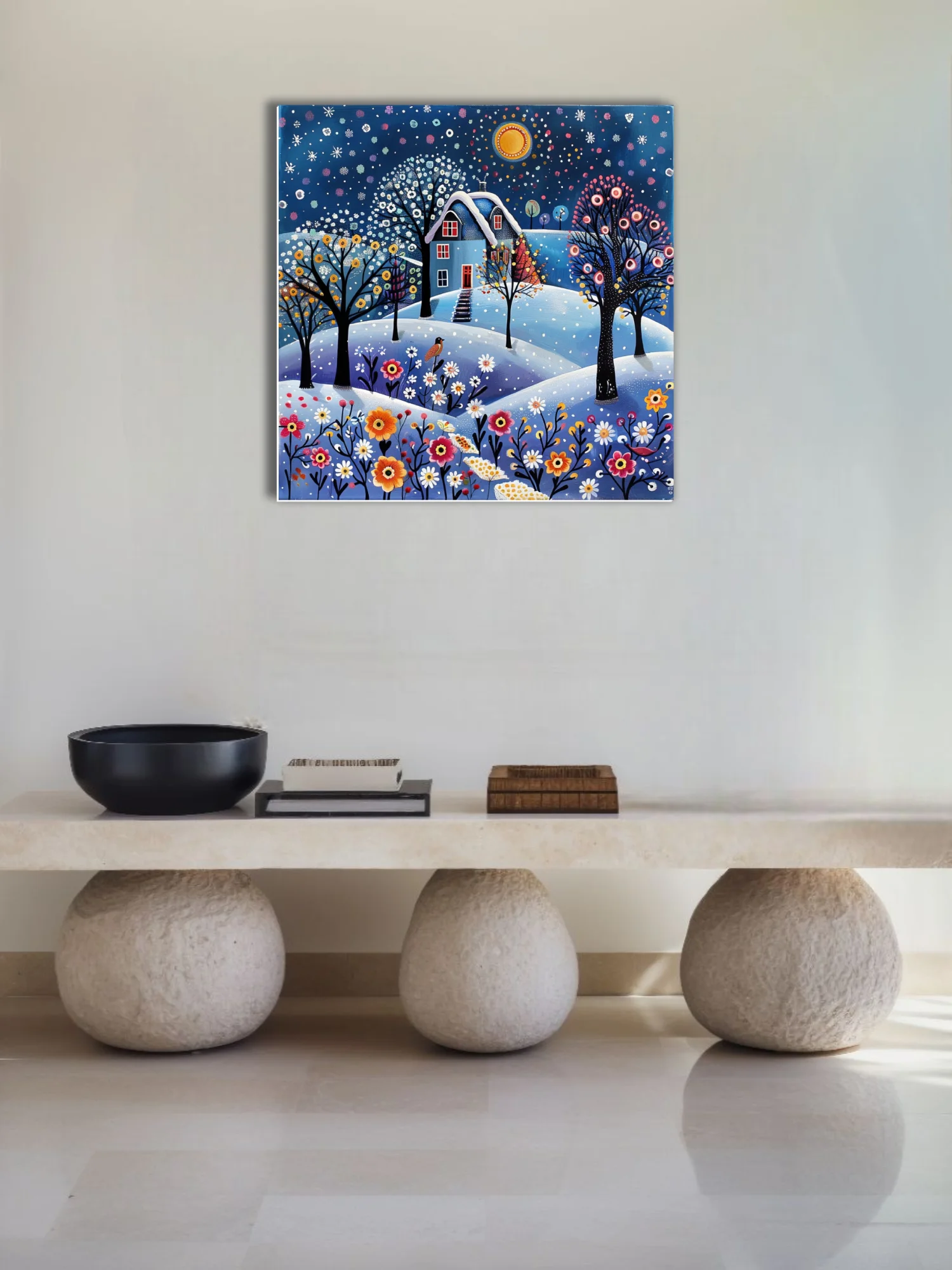 Folk-art winter cottage scene with snowy landscape, jewel-toned florals and starlit sky