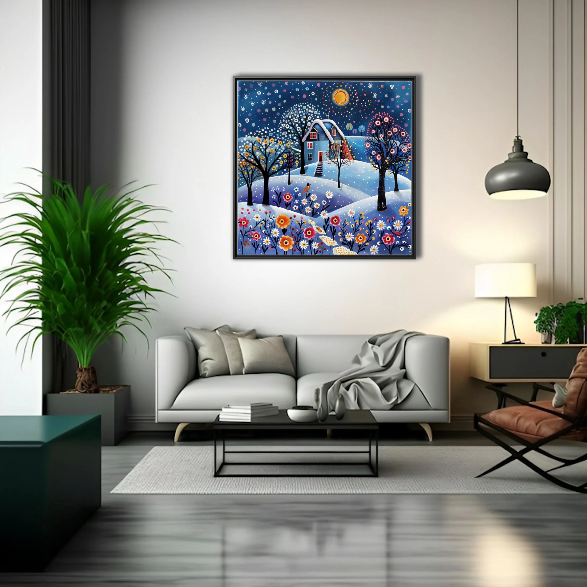 Folk-art winter cottage scene with snowy landscape, jewel-toned florals and starlit sky