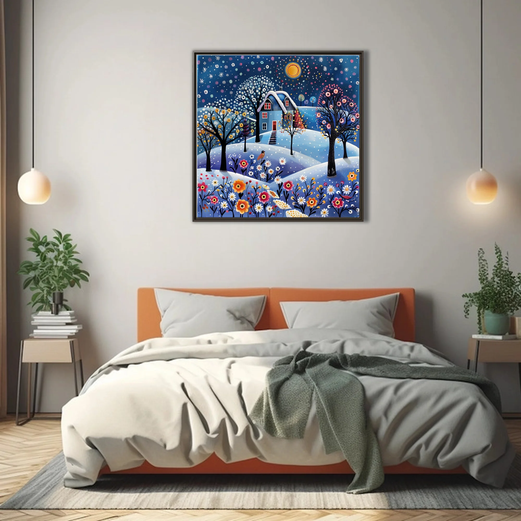 Folk-art winter cottage scene with snowy landscape, jewel-toned florals and starlit sky