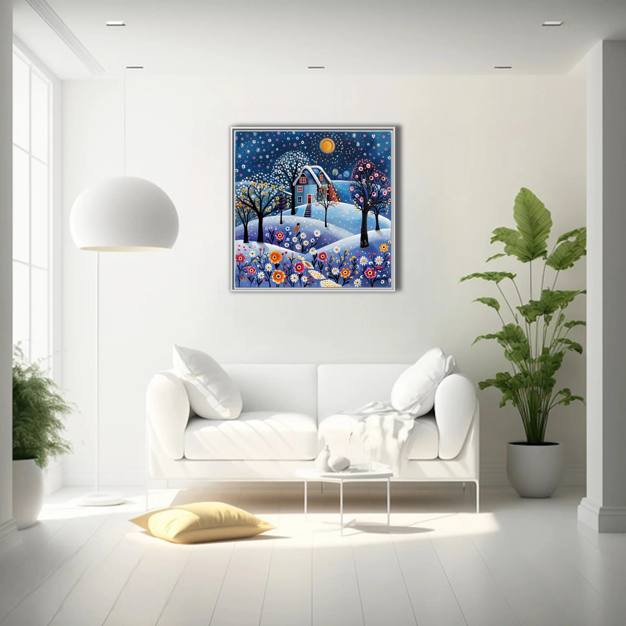 Folk-art winter cottage scene with snowy landscape, jewel-toned florals and starlit sky