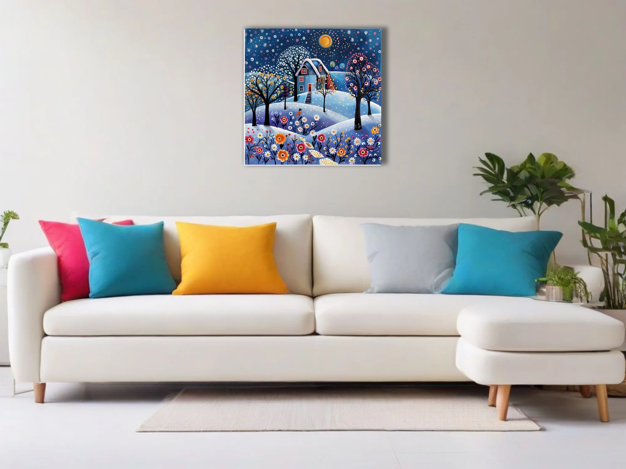 Folk-art winter cottage scene with snowy landscape, jewel-toned florals and starlit sky