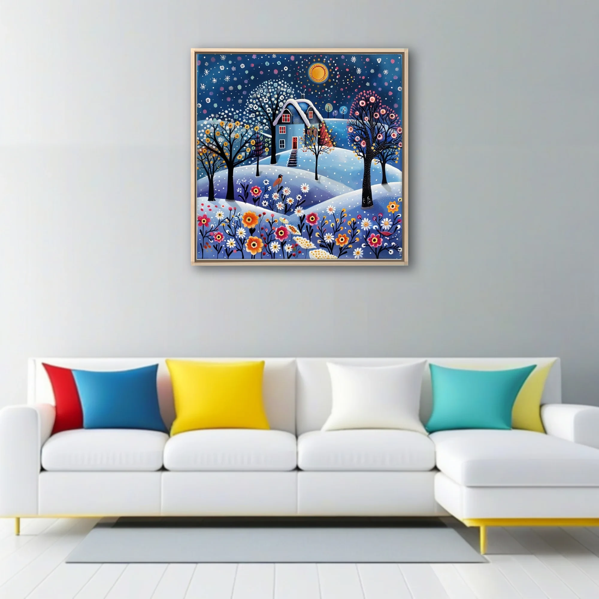 Folk-art winter cottage scene with snowy landscape, jewel-toned florals and starlit sky