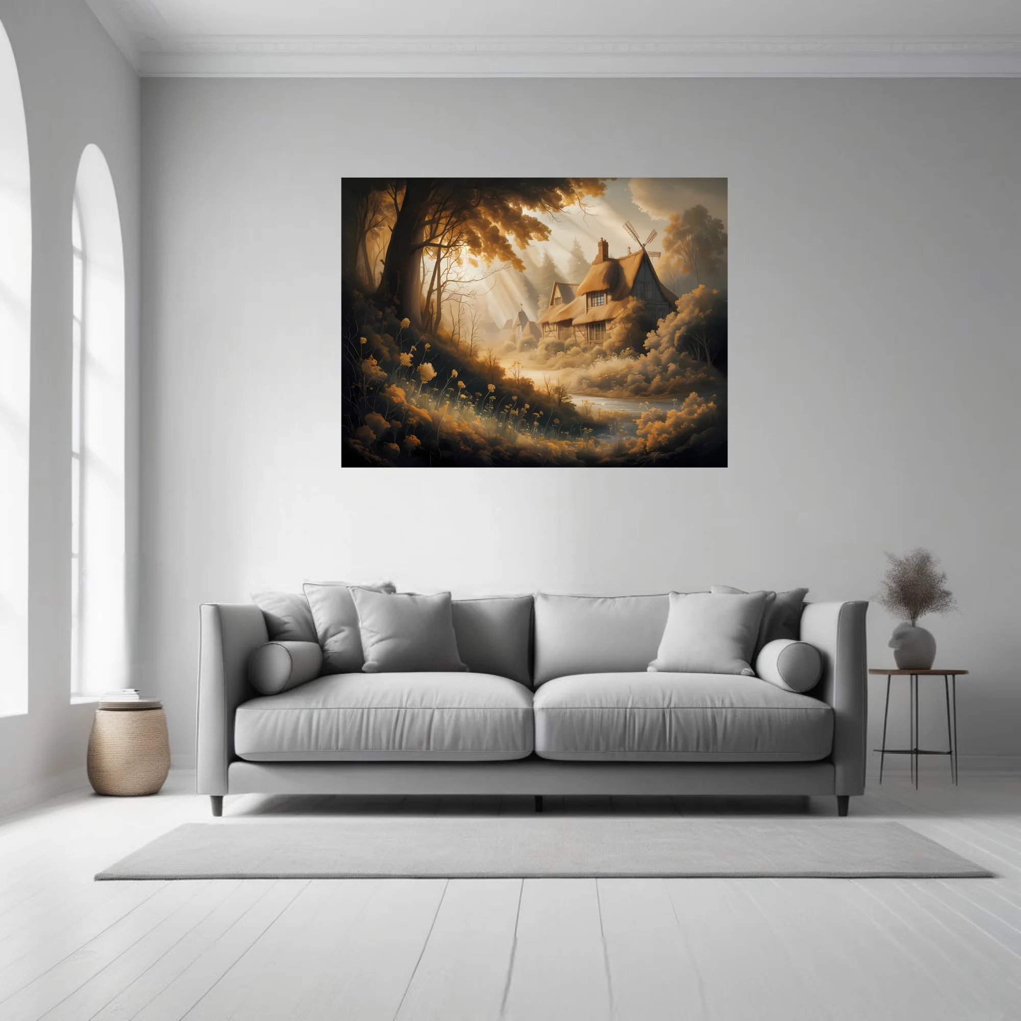 Golden fantasy forest cottage with windmill, misty god-rays and amber tones
