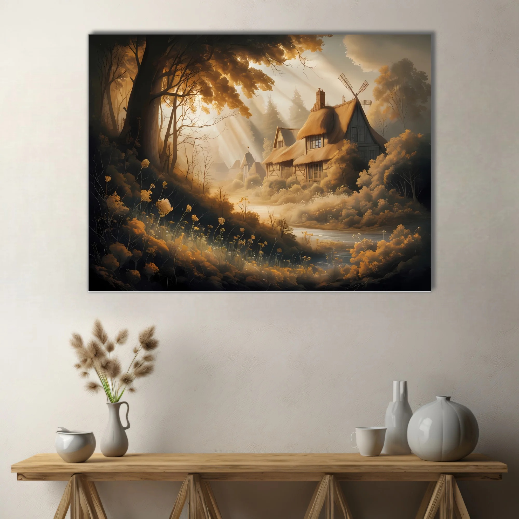 Golden fantasy forest cottage with windmill, misty god-rays and amber tones