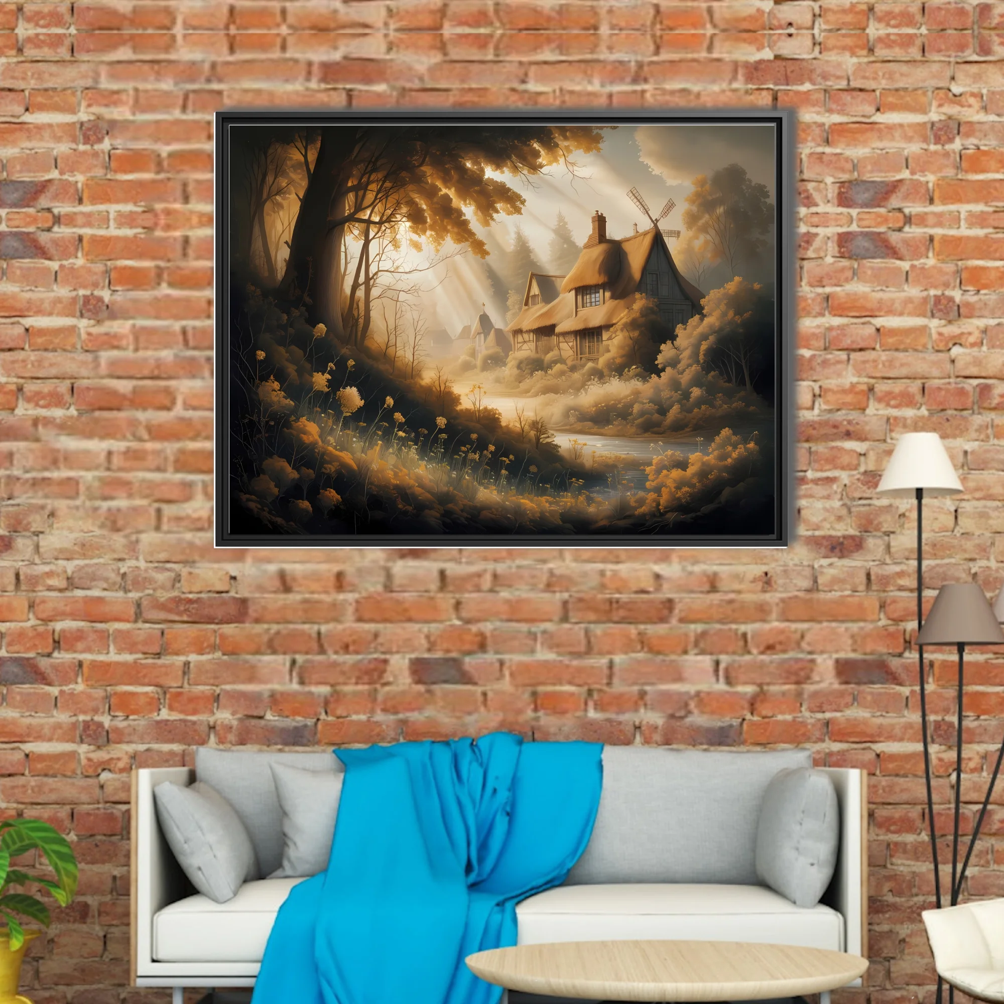 Golden fantasy forest cottage with windmill, misty god-rays and amber tones