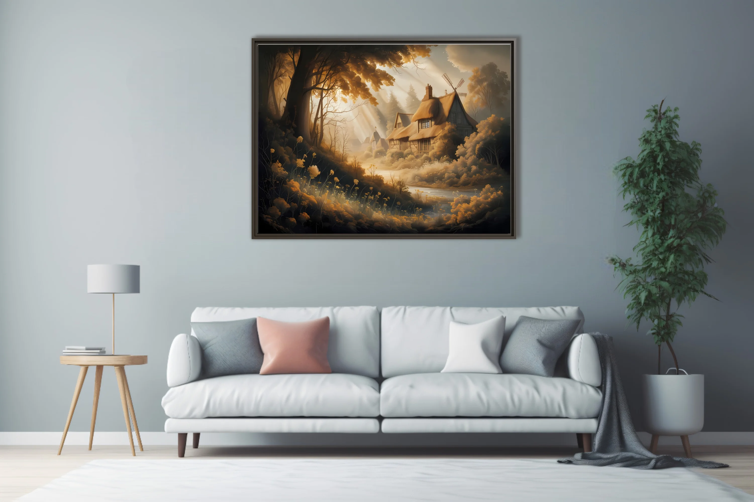 Golden fantasy forest cottage with windmill, misty god-rays and amber tones