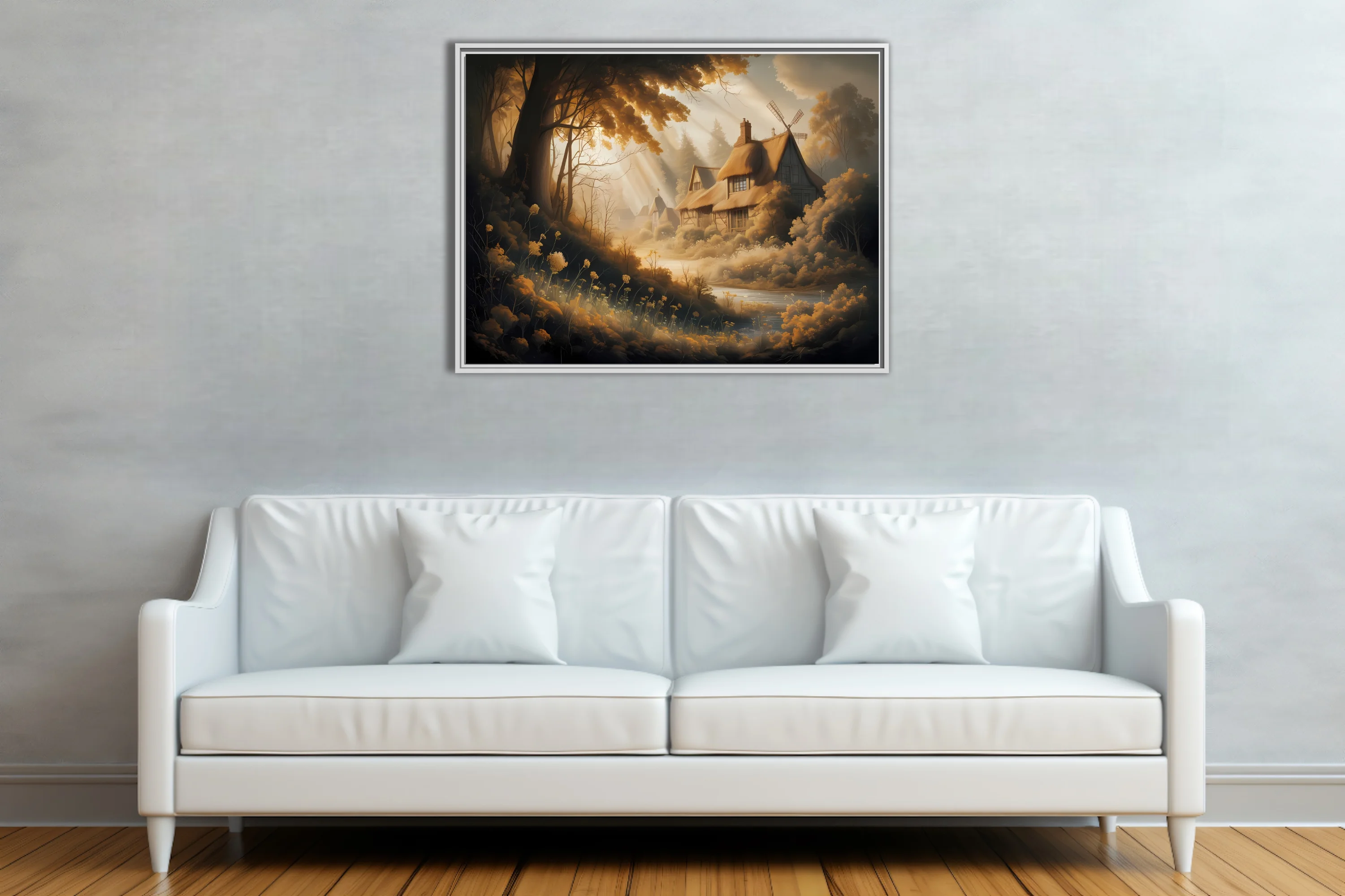 Golden fantasy forest cottage with windmill, misty god-rays and amber tones