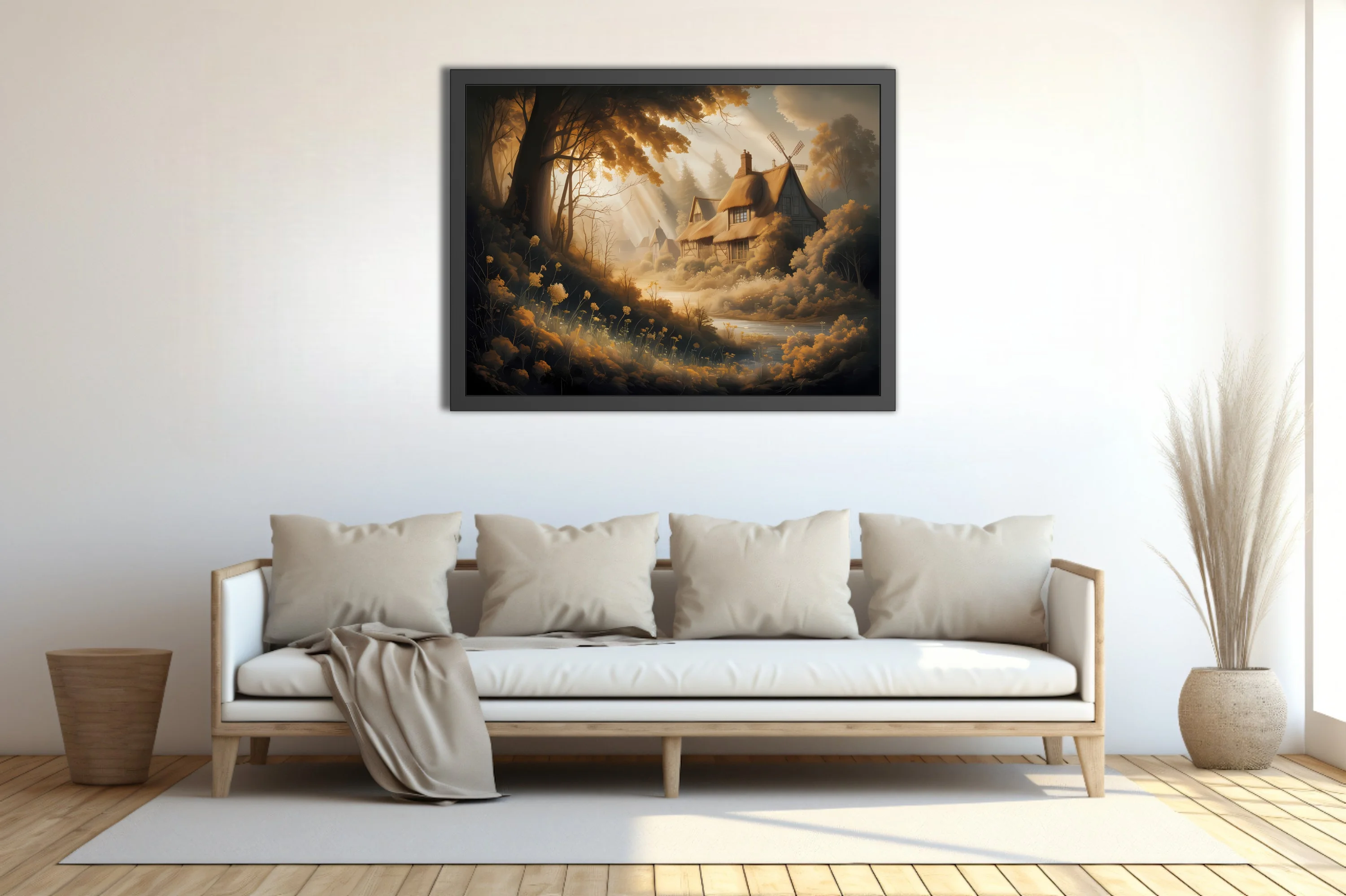 Golden fantasy forest cottage with windmill, misty god-rays and amber tones