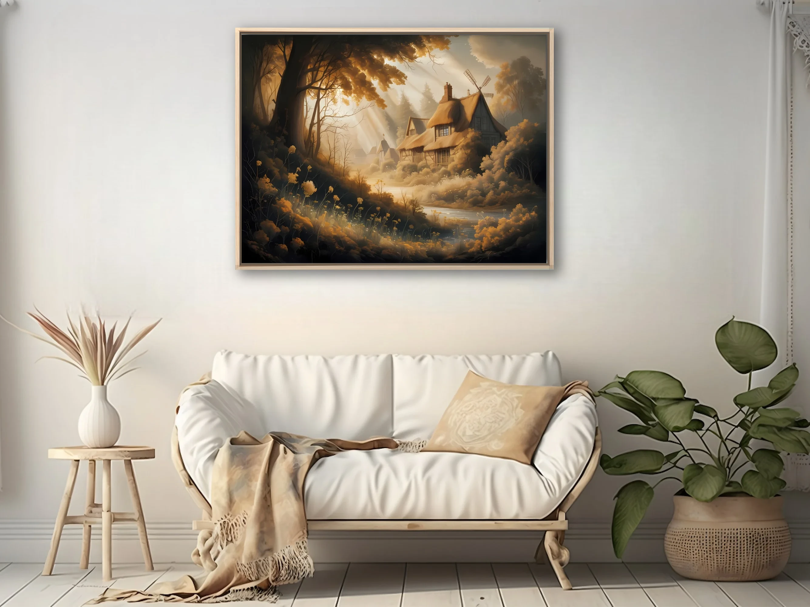 Golden fantasy forest cottage with windmill, misty god-rays and amber tones