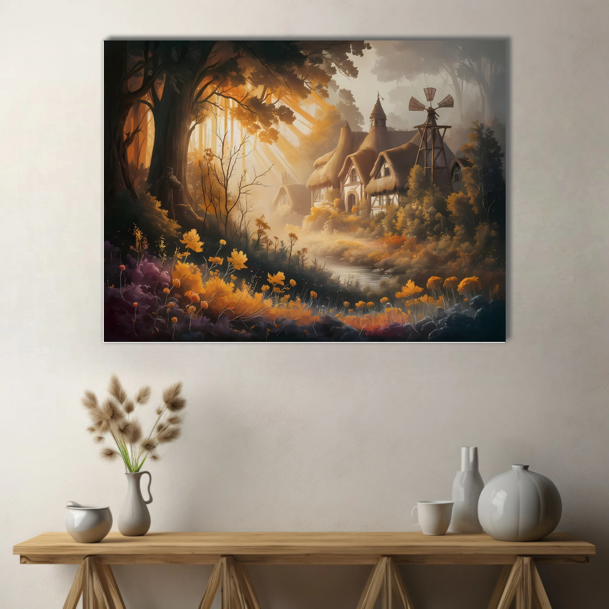 Fantasy thatched cottage in glowing amber autumn forest with wildflowers and windmill