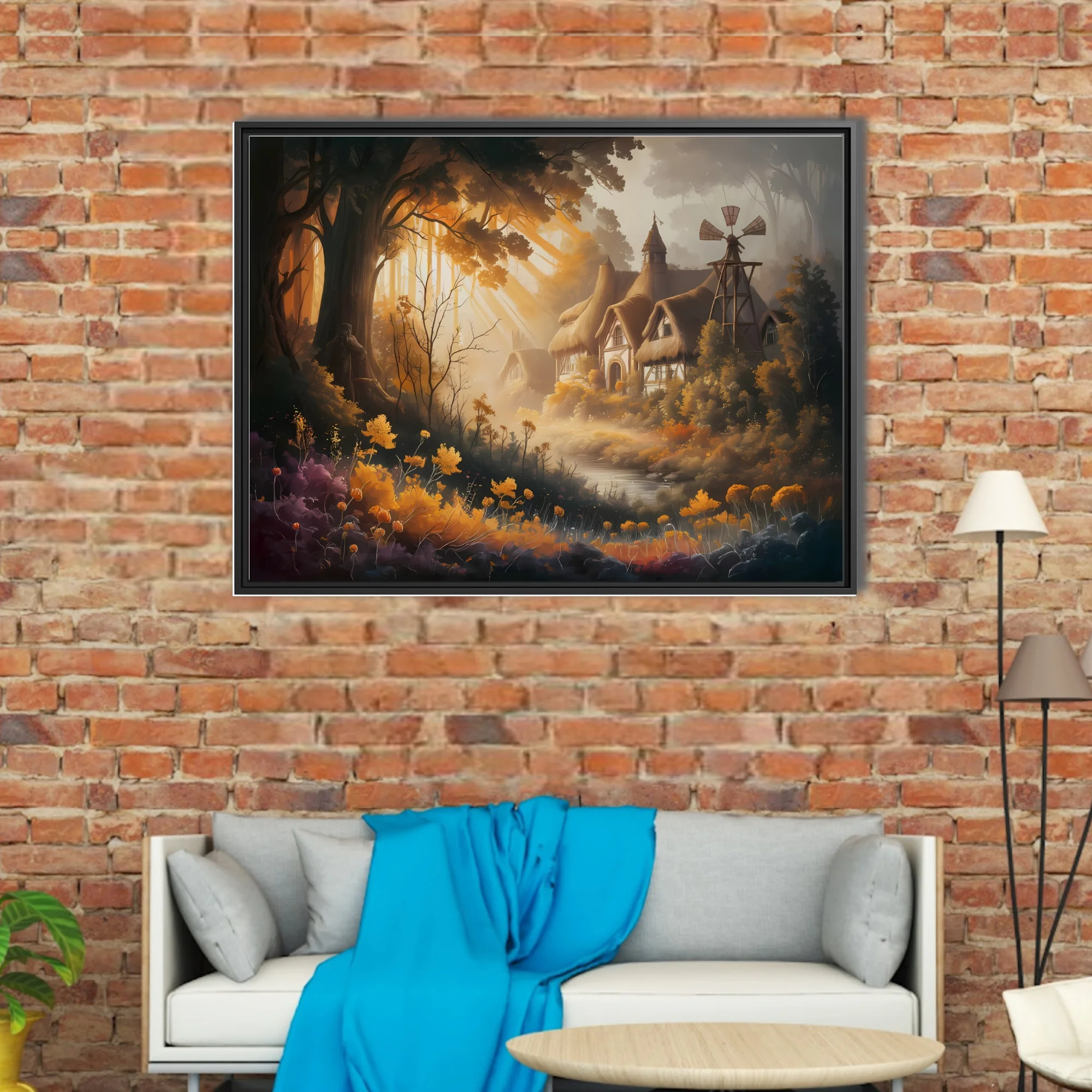 Fantasy thatched cottage in glowing amber autumn forest with wildflowers and windmill