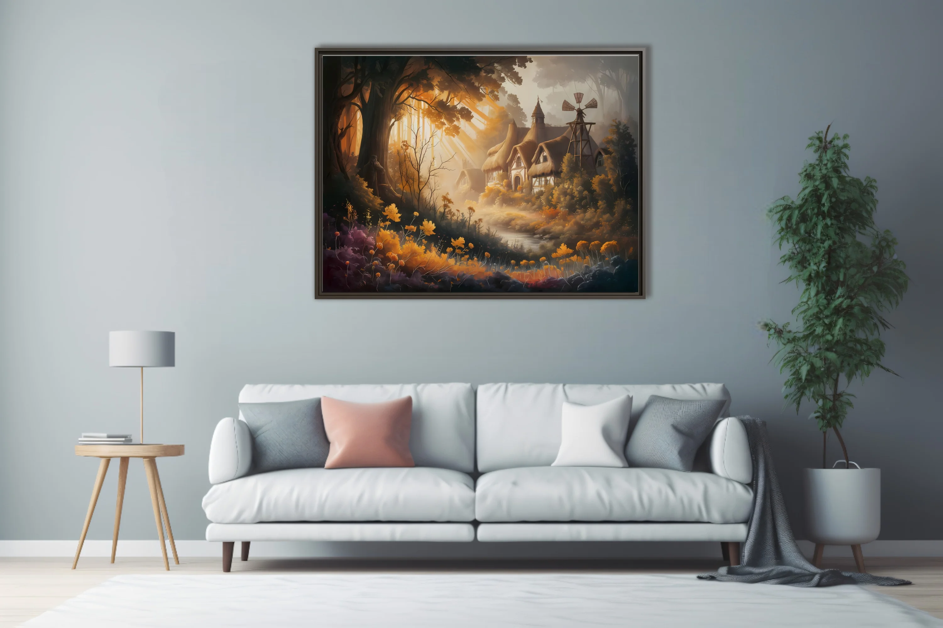 Fantasy thatched cottage in glowing amber autumn forest with wildflowers and windmill