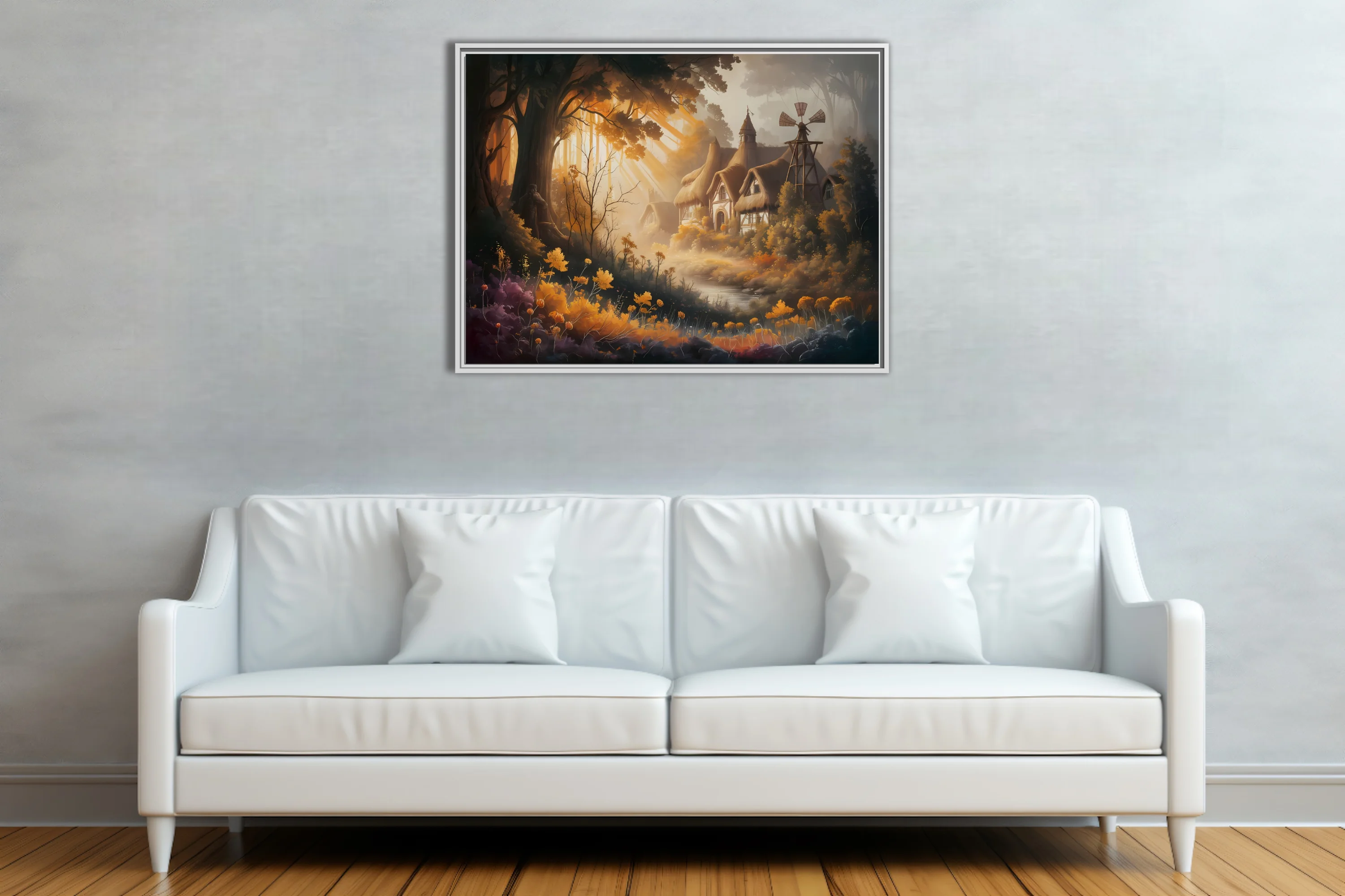 Fantasy thatched cottage in glowing amber autumn forest with wildflowers and windmill