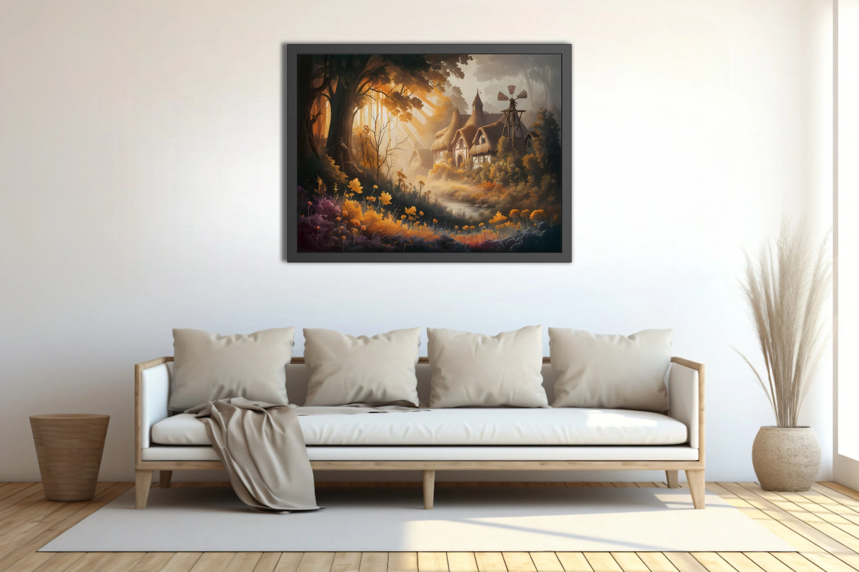 Fantasy thatched cottage in glowing amber autumn forest with wildflowers and windmill