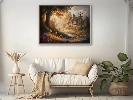Fantasy thatched cottage in glowing amber autumn forest with wildflowers and windmill