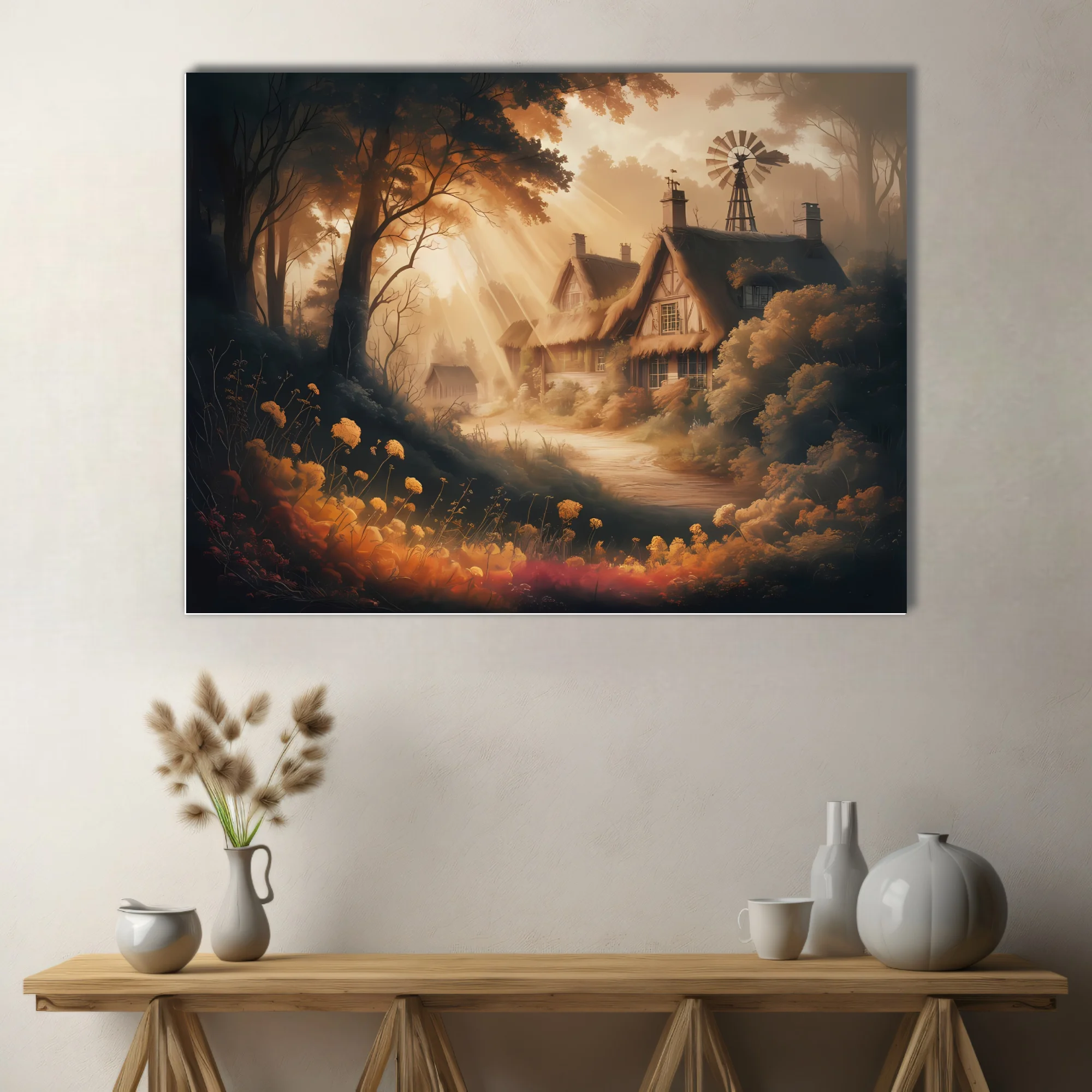 Warm fantasy cottage illustration with thatched roof, wildflowers, and golden forest light rays